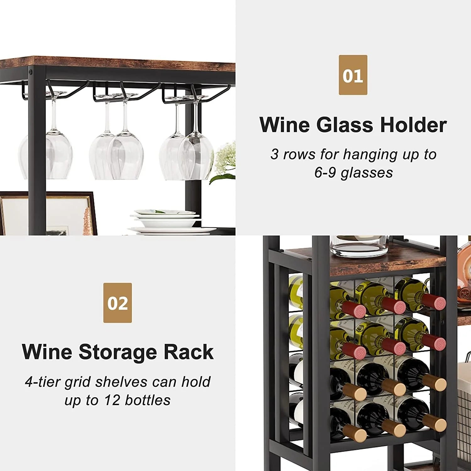 5-Tier Freestanding Floor Wine Baker Rack with Glass Holder & Wine Storage, Industrial Wine Display for Bar, Dining Room - N/A