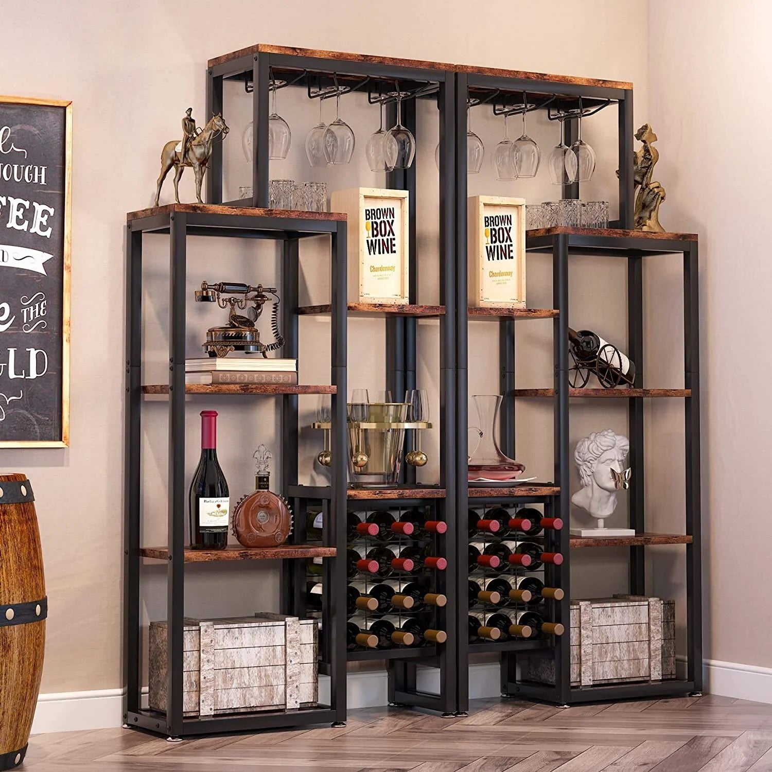 5-Tier Freestanding Floor Wine Baker Rack with Glass Holder & Wine Storage, Industrial Wine Display for Bar, Dining Room - N/A