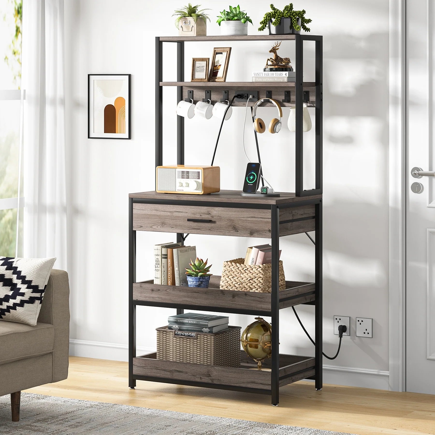 Kitchen Bakers Rack with Power Outlets, High Utility Storage Shelves Microwave Stand with Drawers