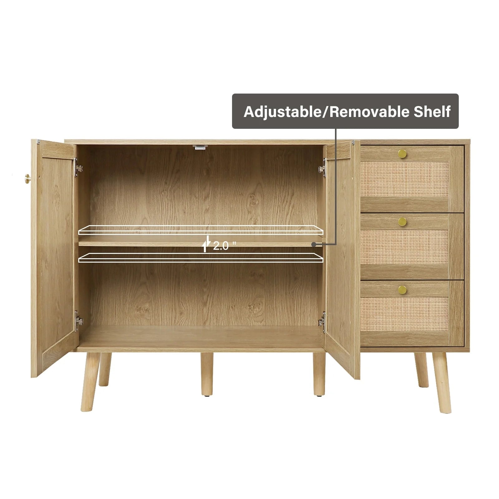 Anmytek Mid-Century Modern 2-Door Wood Rattan Buffet Sideboard Kitchen Storage Cabinet with 3 Drawers