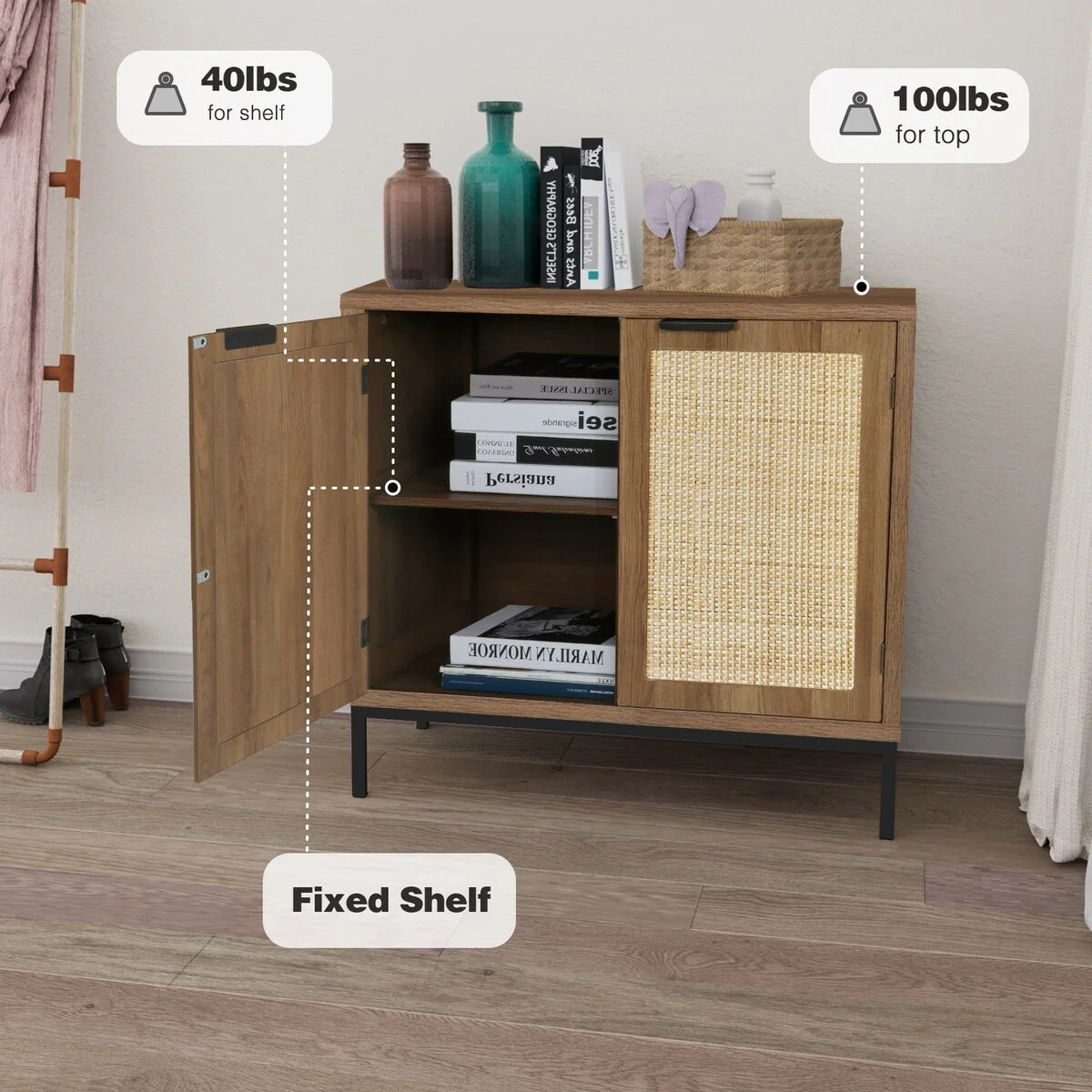 Anmytek Mid-Century Modern Rattan Accent Storage Cabinet Wood Sideboard Buffet with 2 Doors