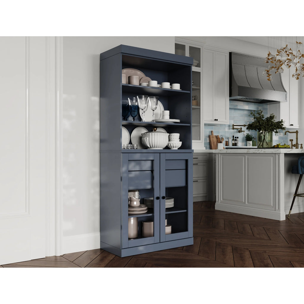 100% Solid Wood Kitchen Pantry Cabinet with 2 Clear Glass or Solid Wood Doors and 2-Drawer Organizer by Palace Imports