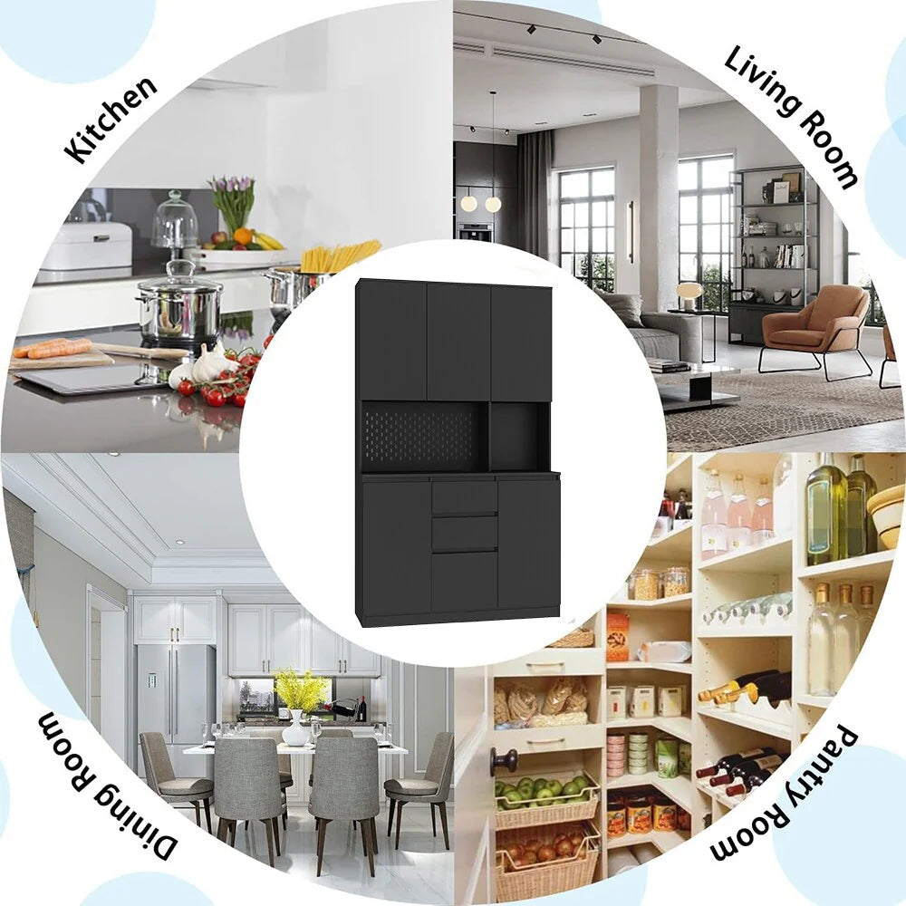 74" Freestanding Kitchen Pantry Cabinet w/Drawers, Storage Microwave - W43.66*D15.74*H74.00