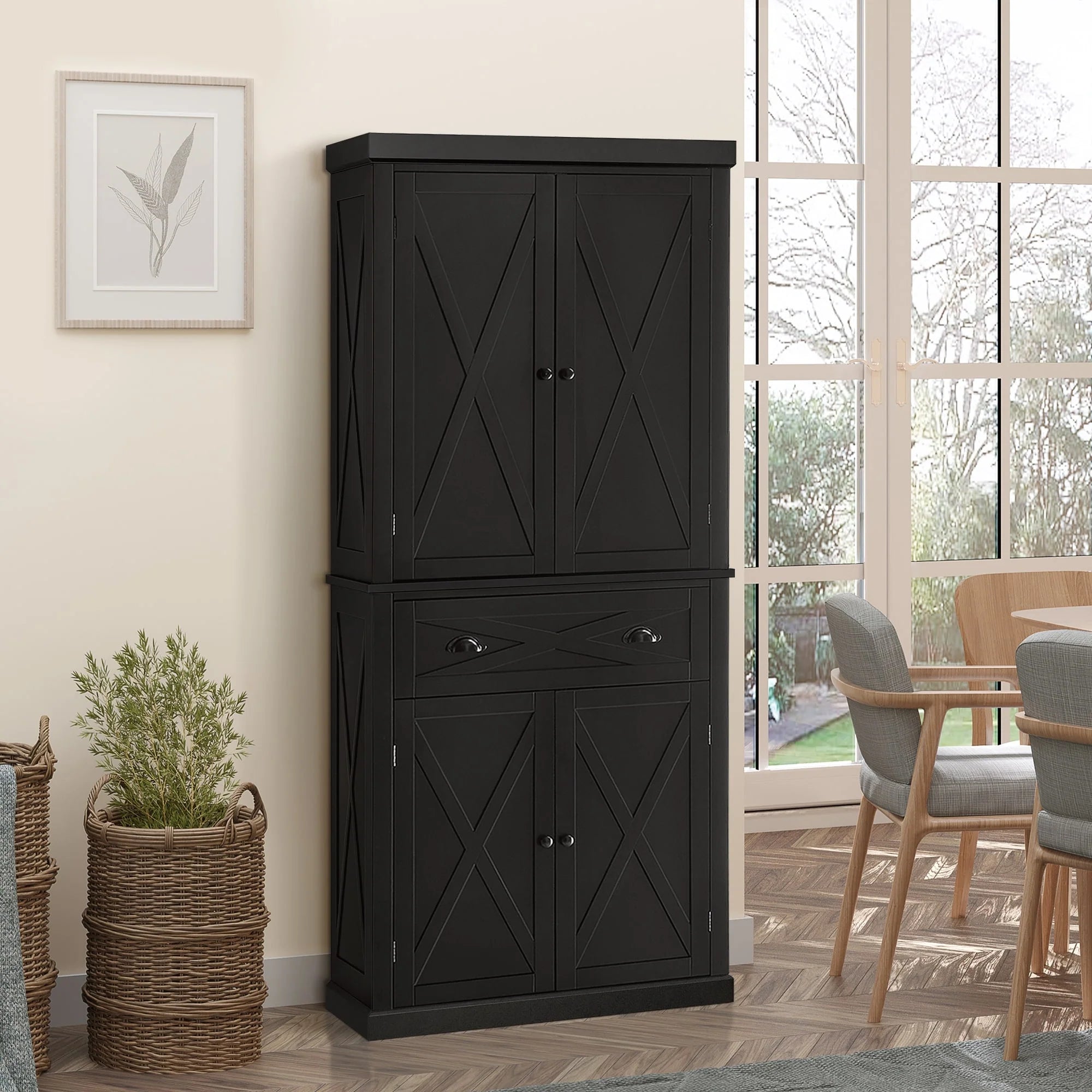 HOMCOM Freestanding Modern Farmhouse 4 Door Kitchen Pantry Cabinet, Storage Cabinet Organizer with 6-Tiers
