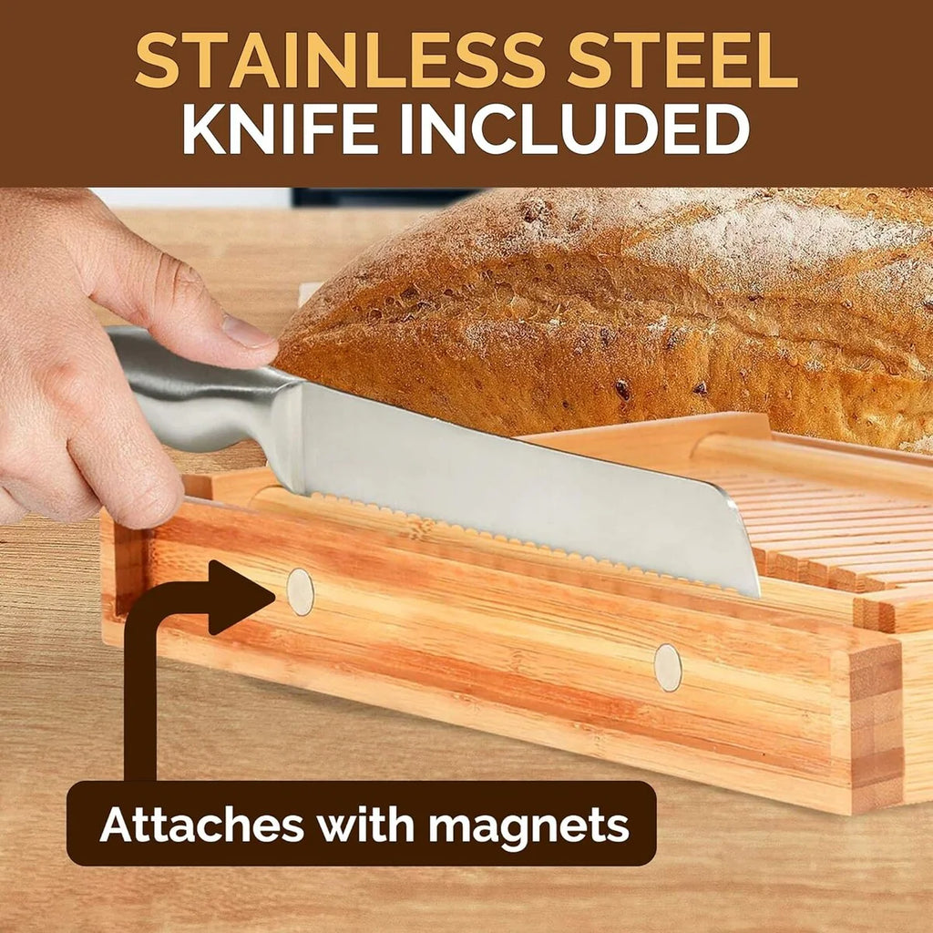 Bamboo Bread Slicer with Knife - 3 Slice Thickness, Foldable Compact Cutting Guide with Crumb Tray