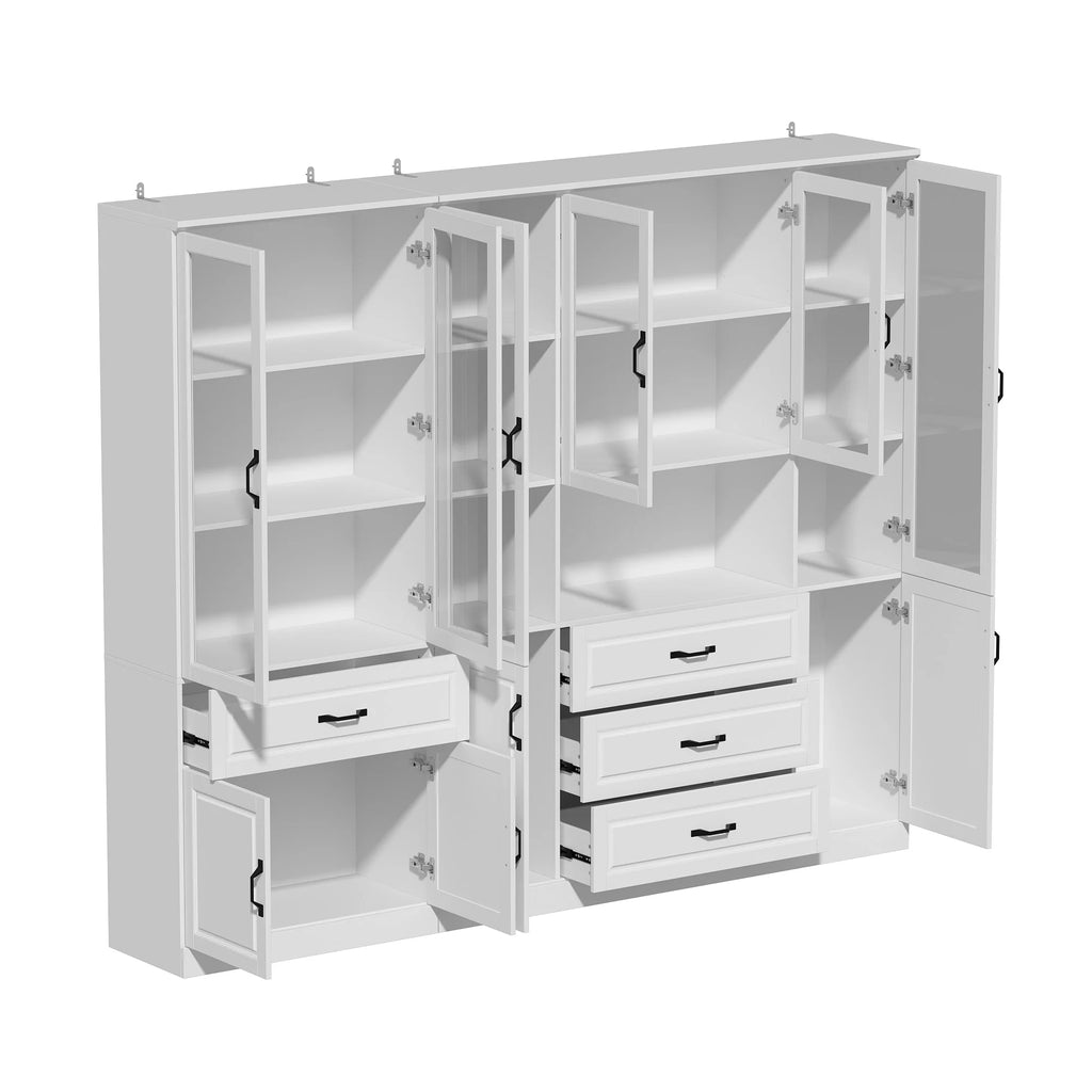 78.7"Modular White Curio Bookcase Cabinet w/Glass Doors Buffet Display