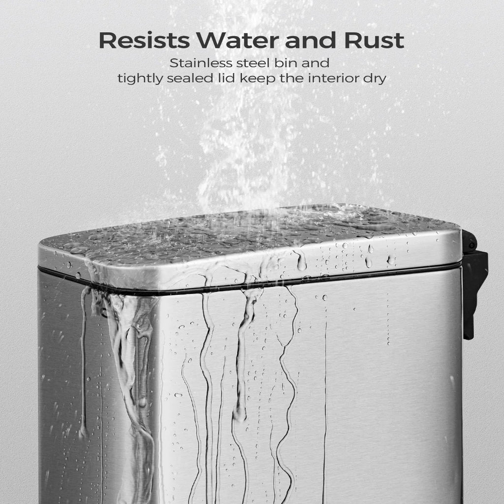 Stainless Steel Slim Bathroom Trash Can with Soft-Close Lid and Plastic Removable Inner Bucket
