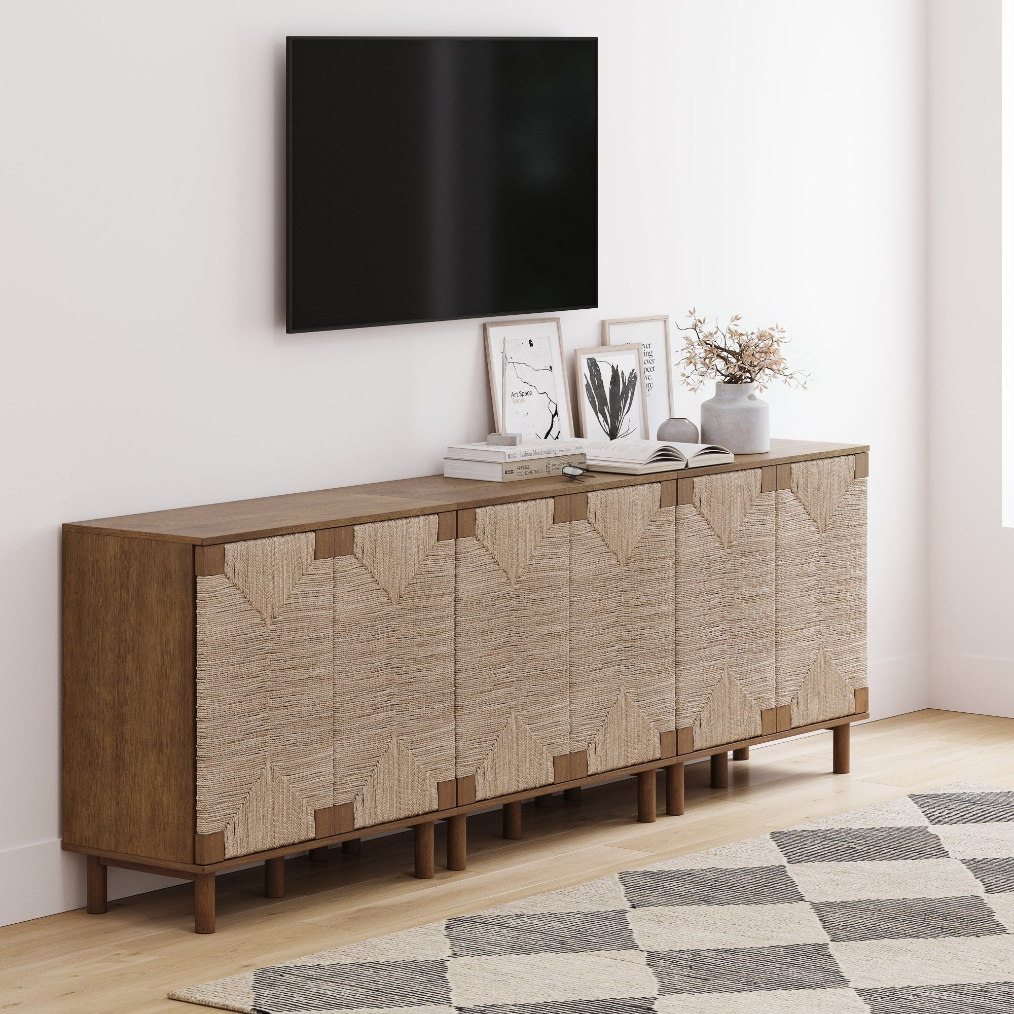 Nathan James Beacon Wood Accent Cabinet with Seagrass Doors and Adjustable Shelf