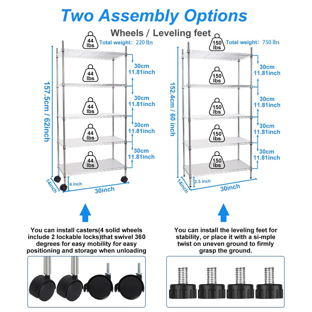5 Tier Wire Shelving Unit, Heavy Duty Metal Large Storage Shelves Height Adjustable for Garage Kitchen Office
