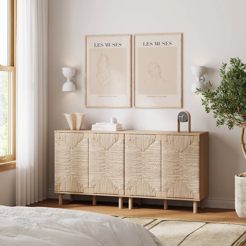 Nathan James Beacon Wood Accent Cabinet with Seagrass Doors and Adjustable Shelf