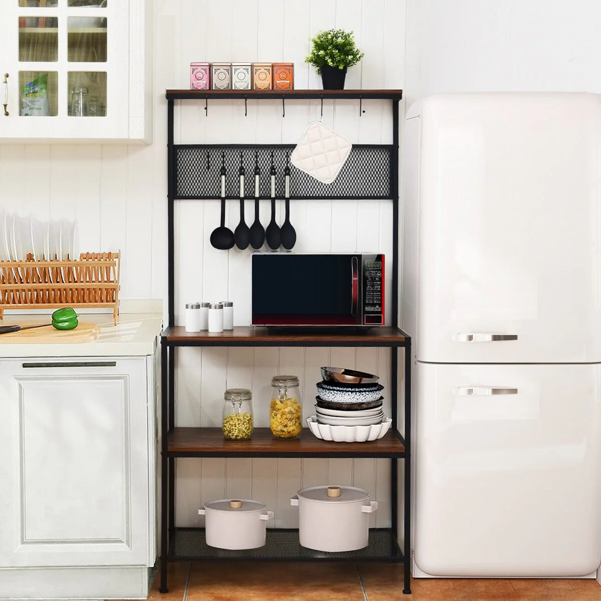 4-Tier Bakers Rack Kitchen Rack Stand with Hooks and Mesh Panel