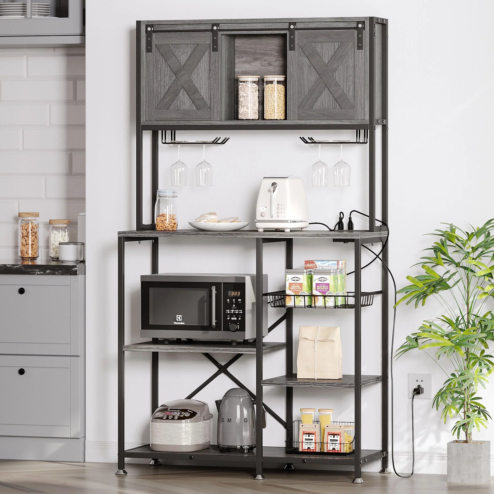 6-Tier Bakers Rack with Power Outlets Coffee Bar Station with Wine Glass Holder and Microwave Oven Stand