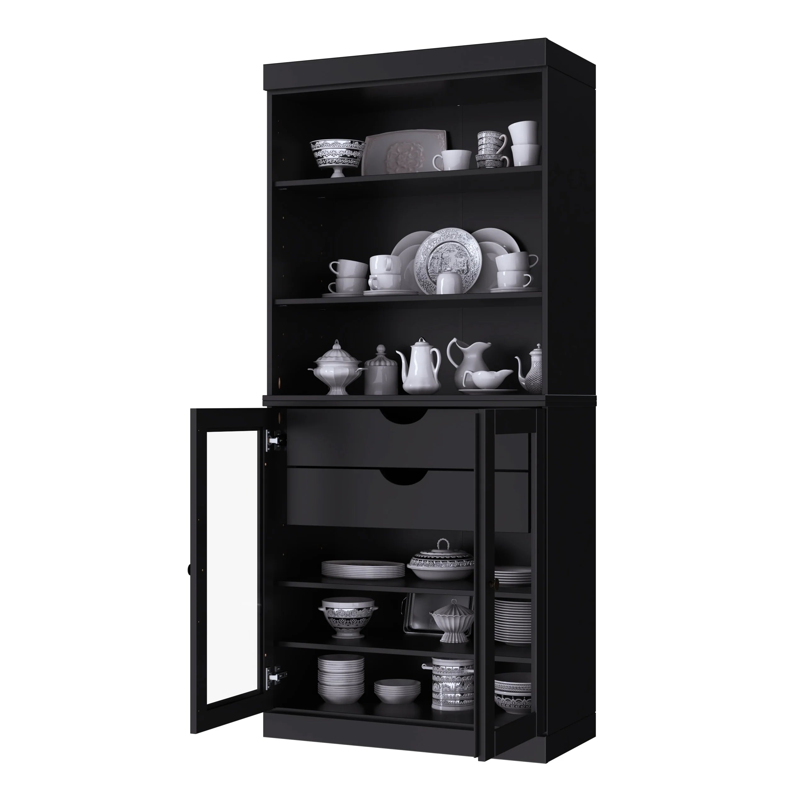 100% Solid Wood Kitchen Pantry Cabinet with 2 Clear Glass or Solid Wood Doors and 2-Drawer Organizer by Palace Imports
