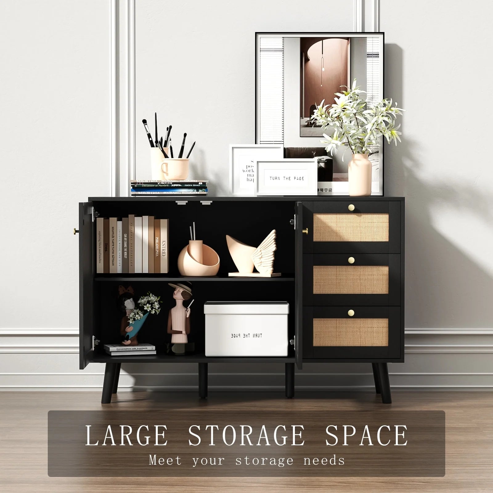 Anmytek Mid-Century Modern 2-Door Wood Rattan Buffet Sideboard Kitchen Storage Cabinet with 3 Drawers