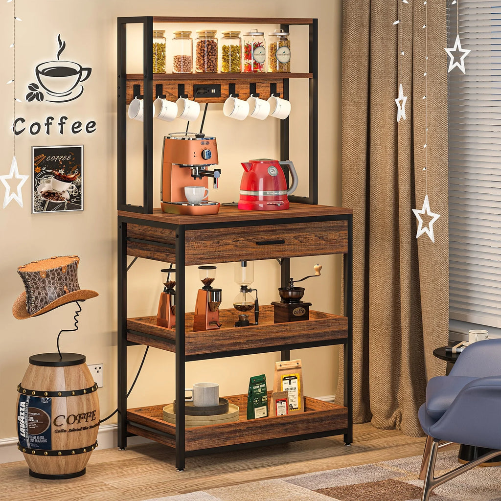 Kitchen Bakers Rack with Power Outlets, High Utility Storage Shelves Microwave Stand with Drawers