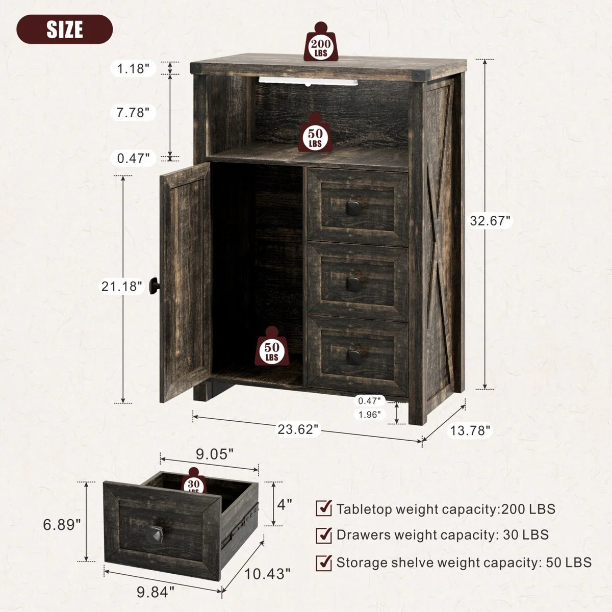 23.62"Accent Cabinet with drawers and storage - N/A