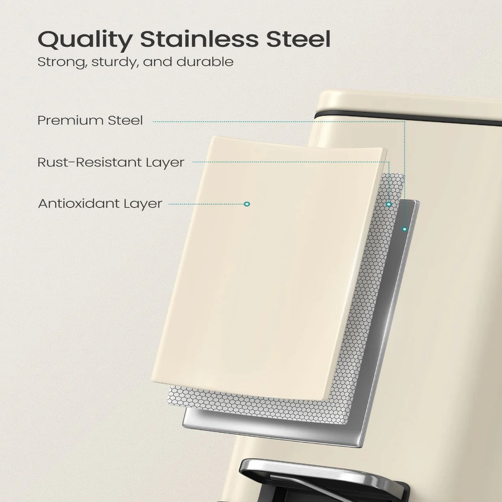 Stainless Steel Slim Bathroom Trash Can with Soft-Close Lid and Plastic Removable Inner Bucket