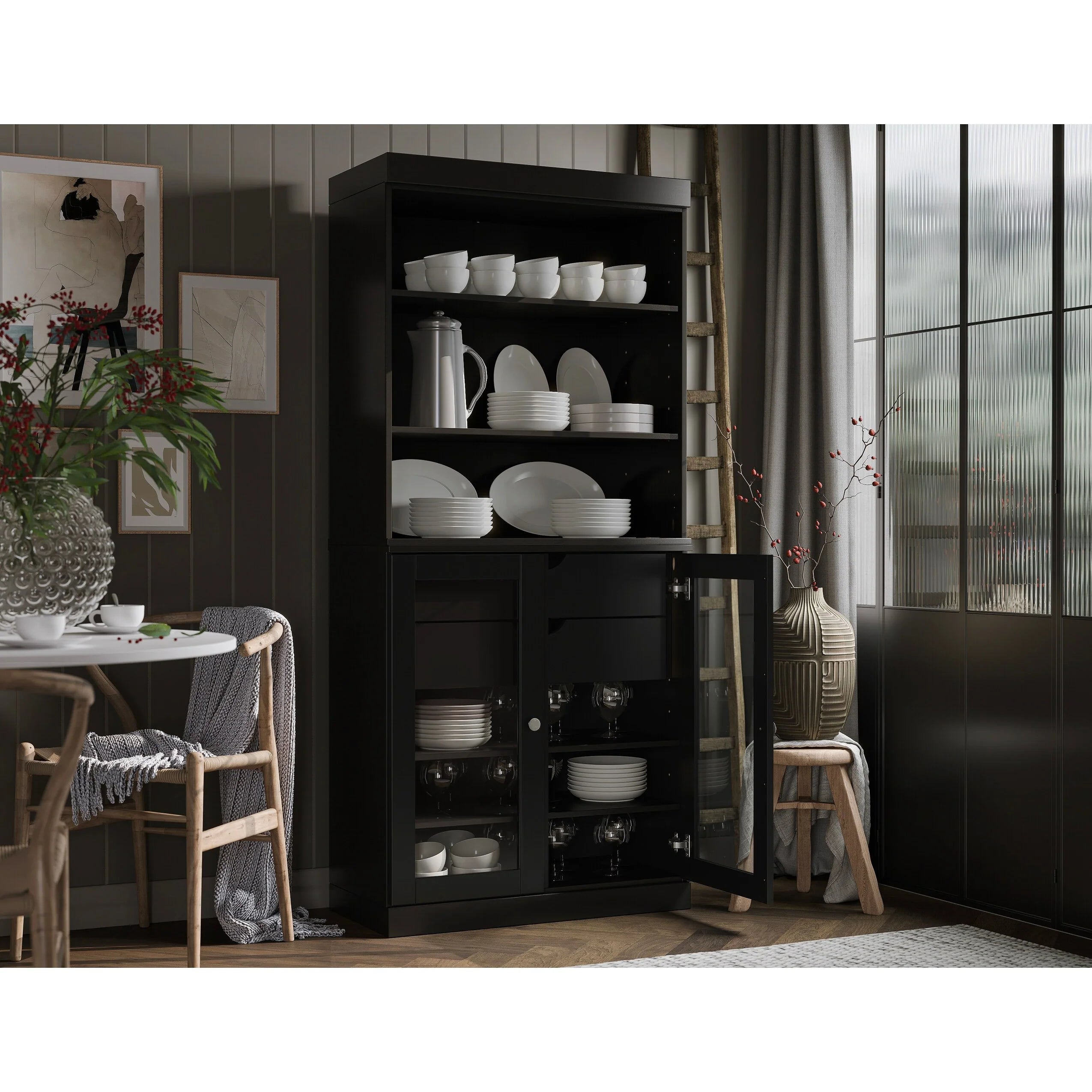 100% Solid Wood Kitchen Pantry Cabinet with 2 Clear Glass or Solid Wood Doors and 2-Drawer Organizer by Palace Imports