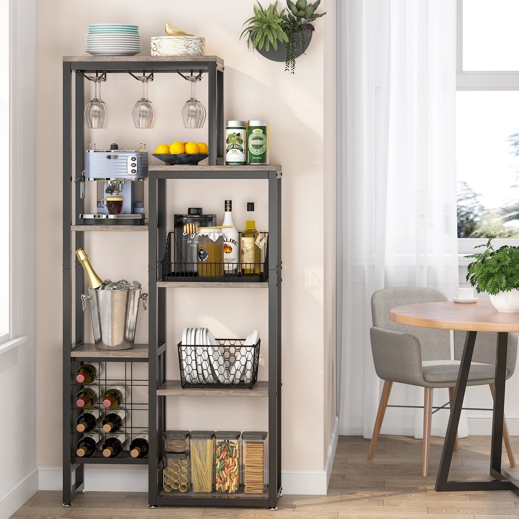 5-Tier Freestanding Floor Wine Baker Rack with Glass Holder & Wine Storage, Industrial Wine Display for Bar, Dining Room - N/A