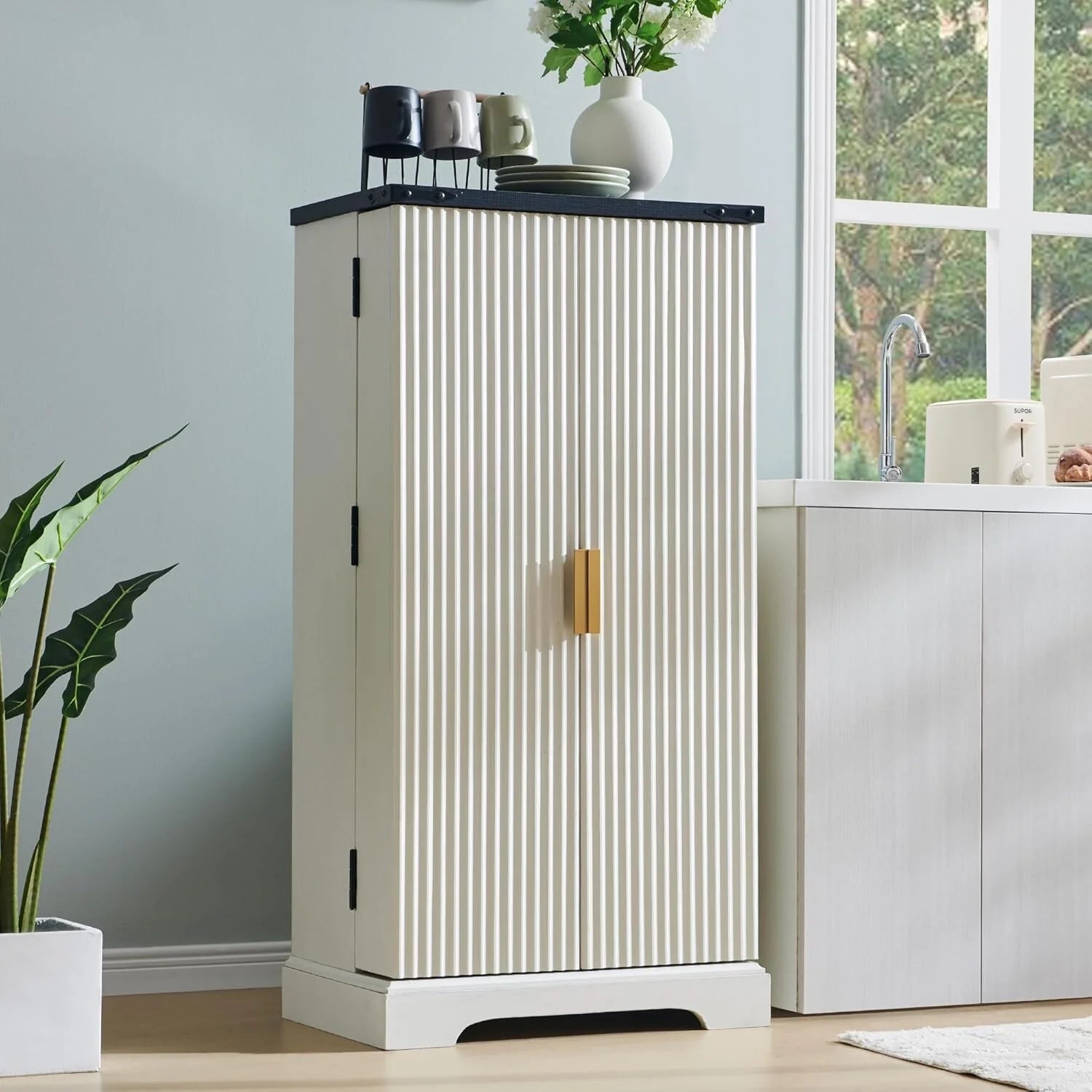 Modern Fluted Pantry Cabinet, Storage Cabinet, Wood Cupboard Organizer
