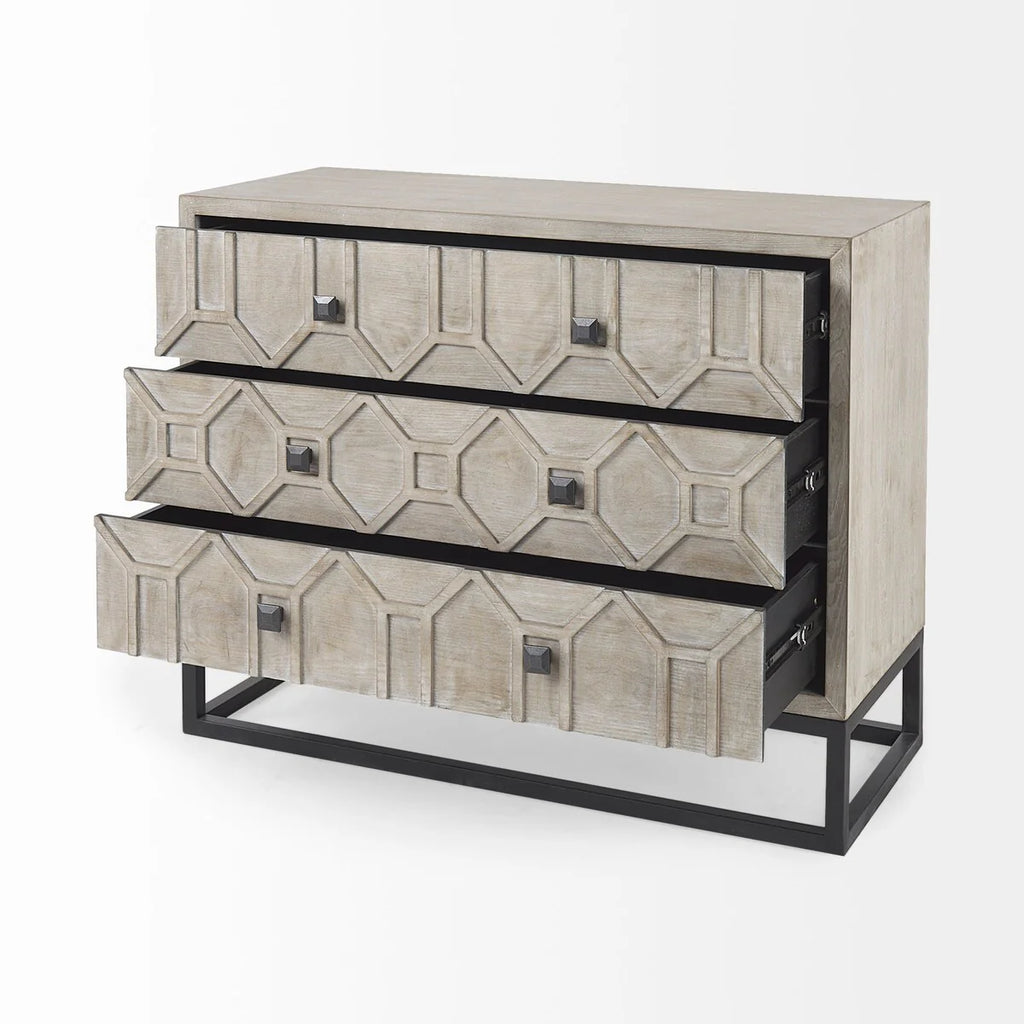 Genevieve I Gray Fir Veneer w/ Iron Frame & 3 Drawer Accent Cabinet - 39.0L x 15.7W x 30.9H