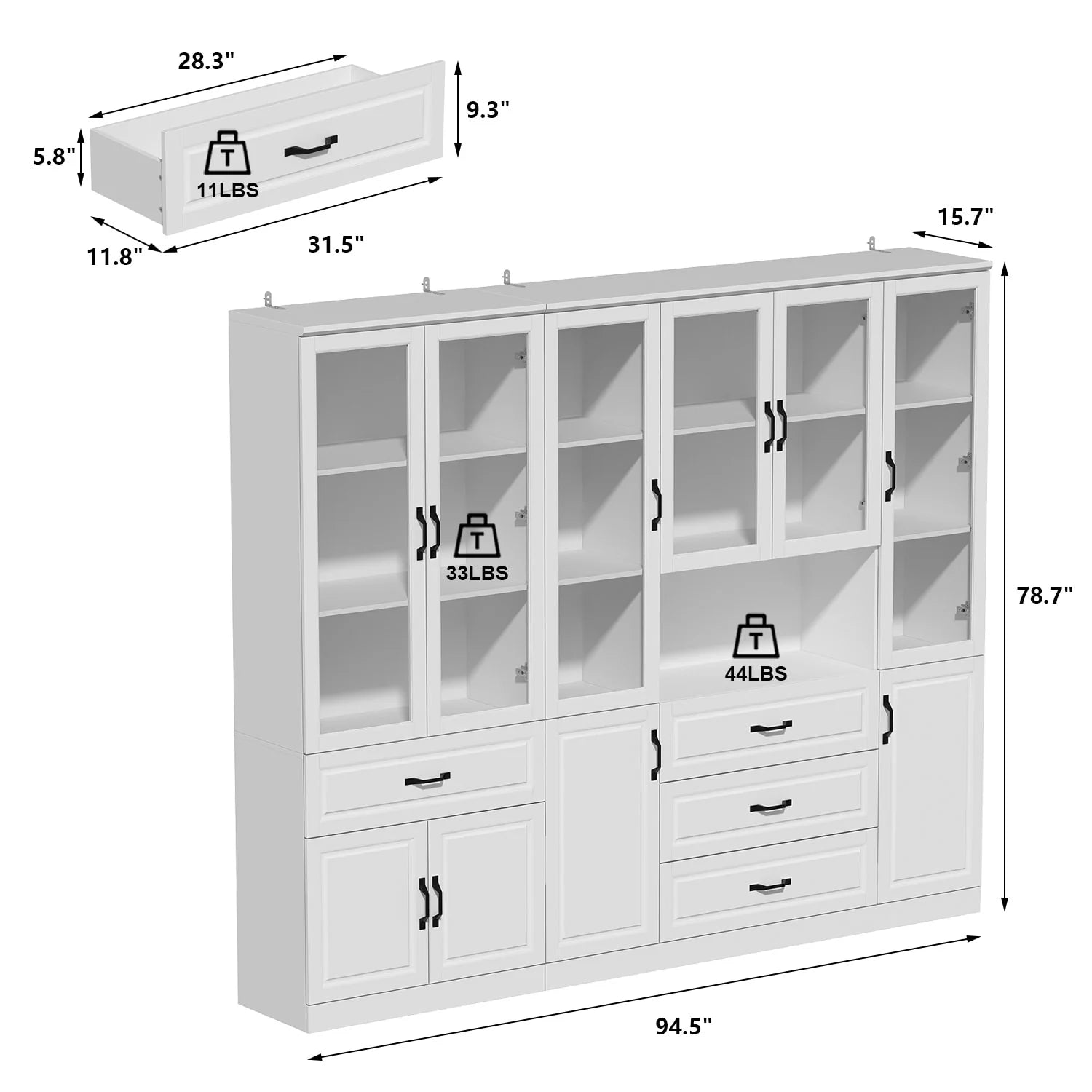 78.7"Modular White Curio Bookcase Cabinet w/Glass Doors Buffet Display