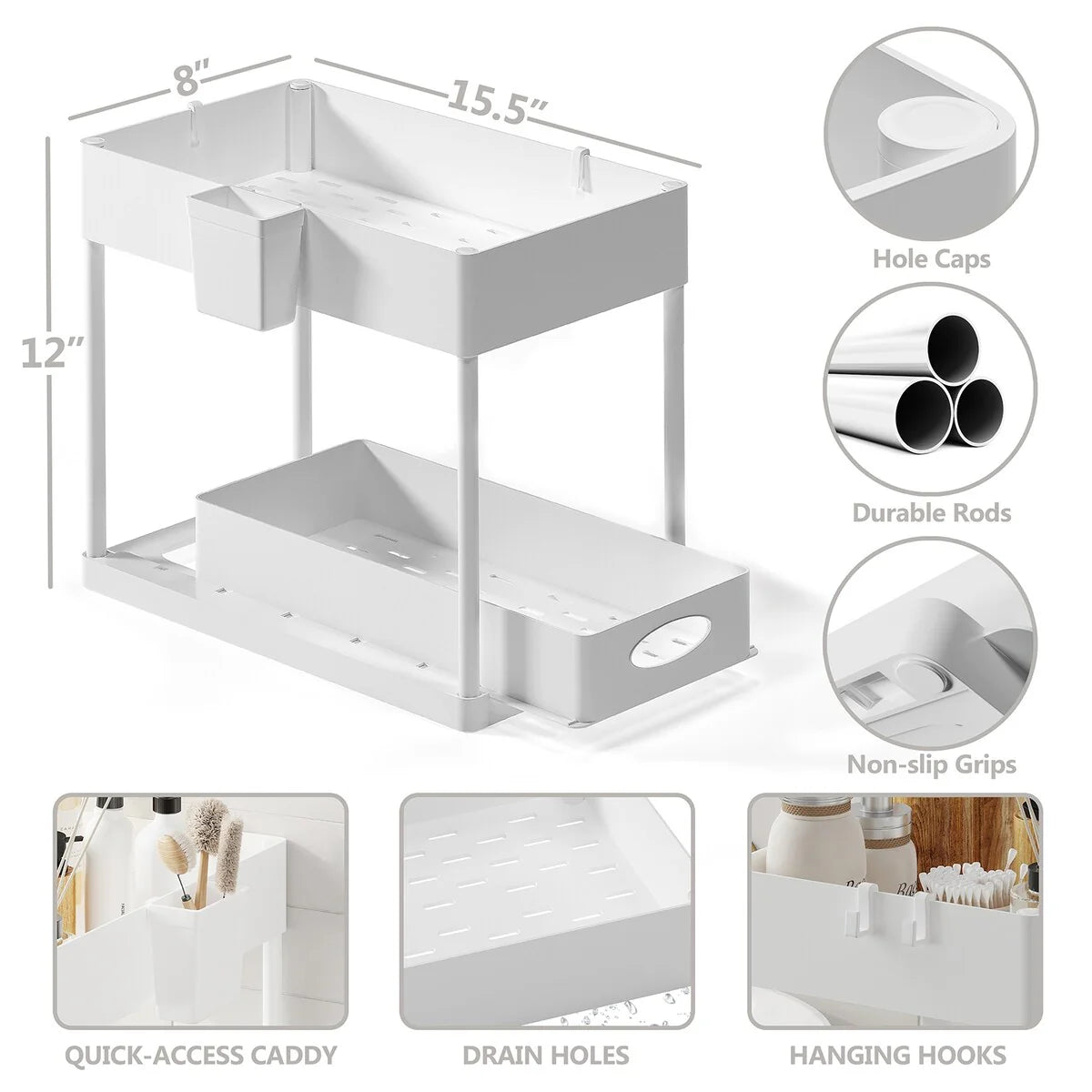 StorageBud 2 Tier Under Kitchen Sink Organizer with Sliding Drawer-Bathroom Cabinet Organizer with Utility Hooks and Side Caddy