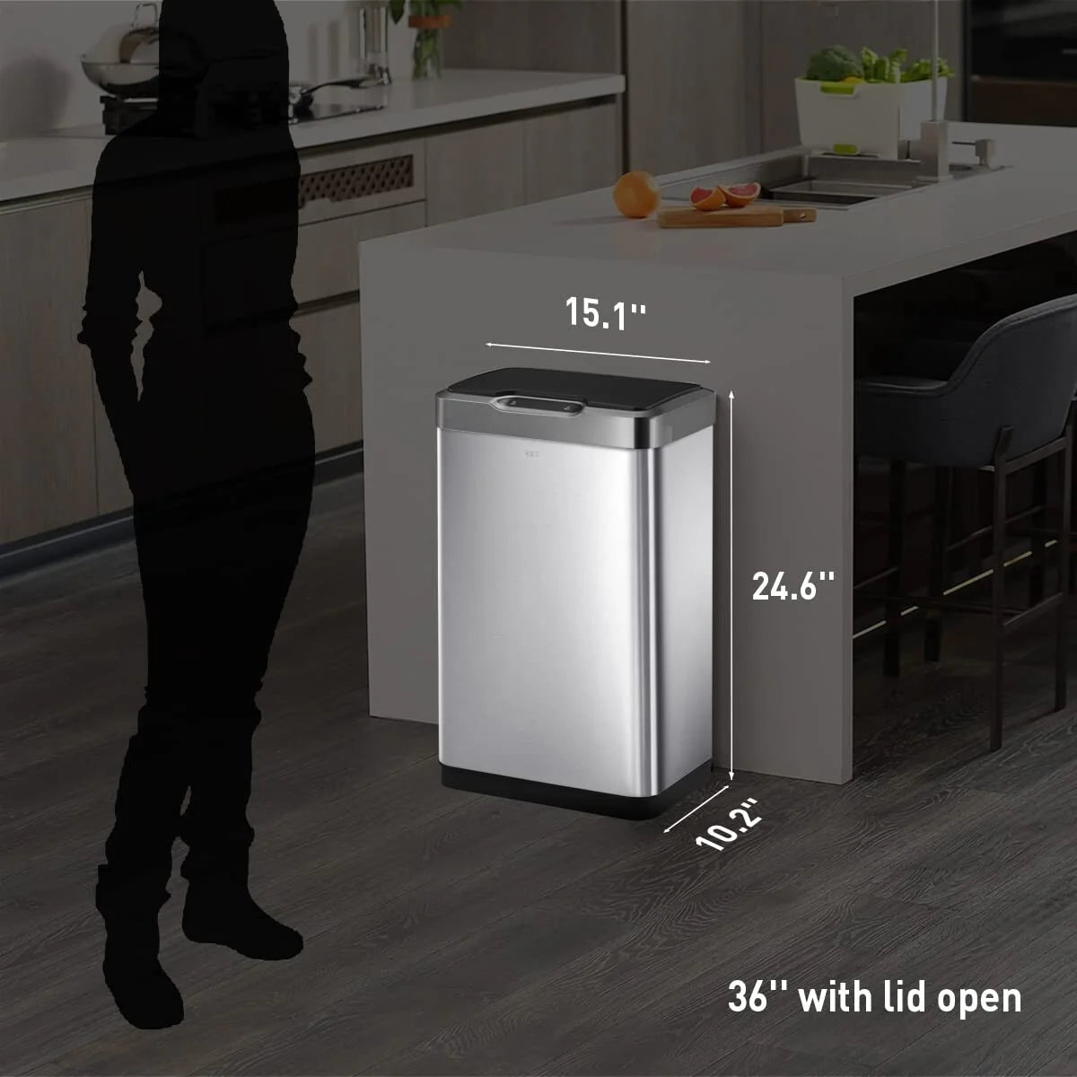 50 Liter / 13.2 Gallon Touchless Rectangular Motion Sensor Trash Can, Brushed Stainless Steel Finish