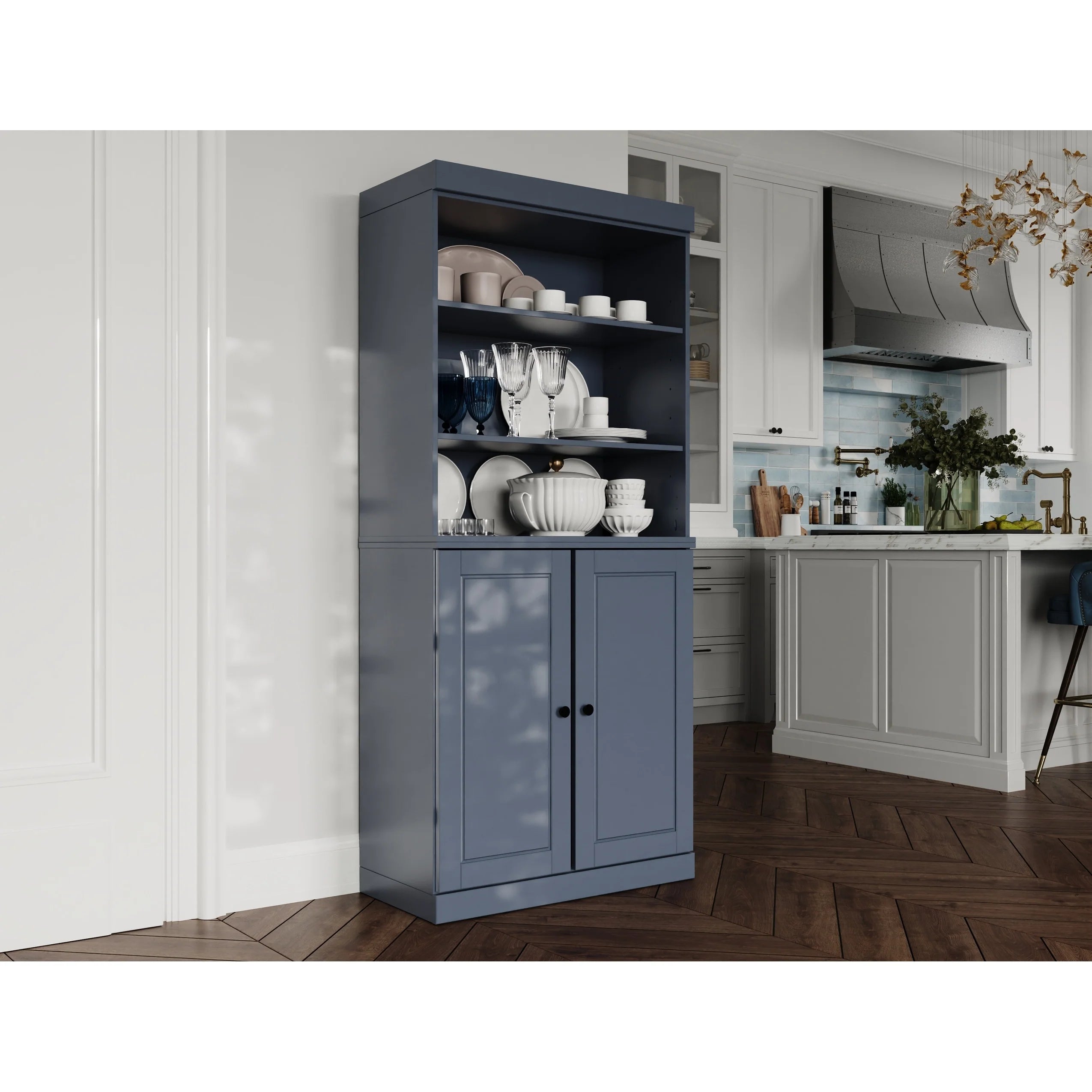 100% Solid Wood Kitchen Pantry Cabinet with 2 Clear Glass or Solid Wood Doors and 2-Drawer Organizer by Palace Imports