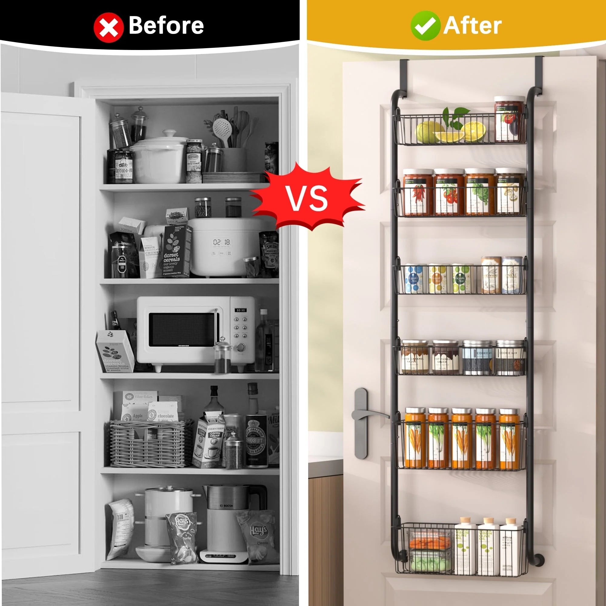 6-Tier Over the Door Pantry Organizer, Metal Pantry Organization and Storage with 6 Baskets, Heavy-Duty Back of Door Spice Rack