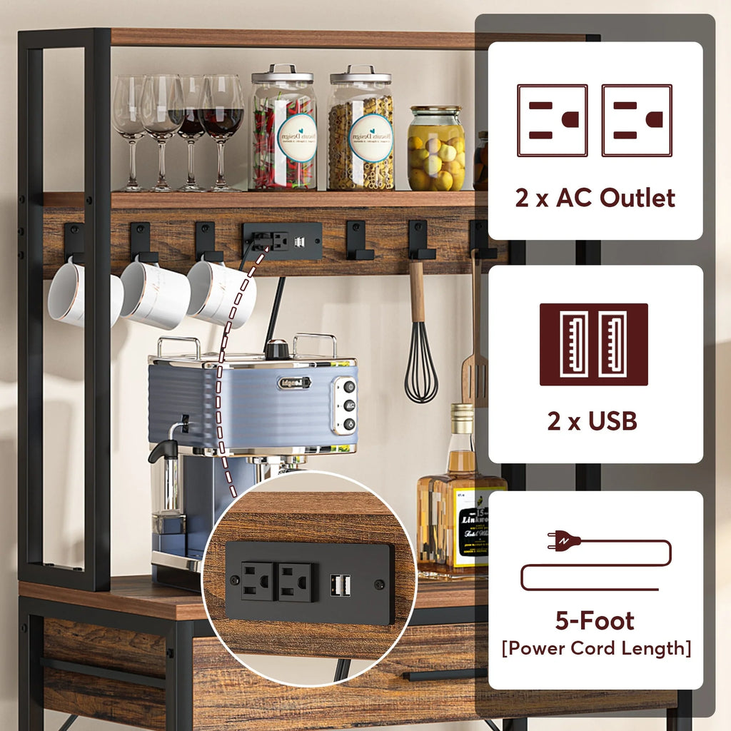 Kitchen Bakers Rack with Power Outlets, High Utility Storage Shelves Microwave Stand with Drawers