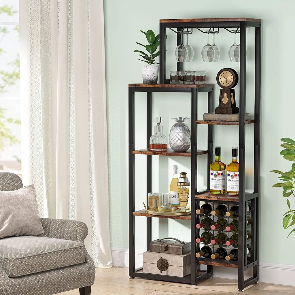 5-Tier Freestanding Floor Wine Baker Rack with Glass Holder & Wine Storage, Industrial Wine Display for Bar, Dining Room - N/A