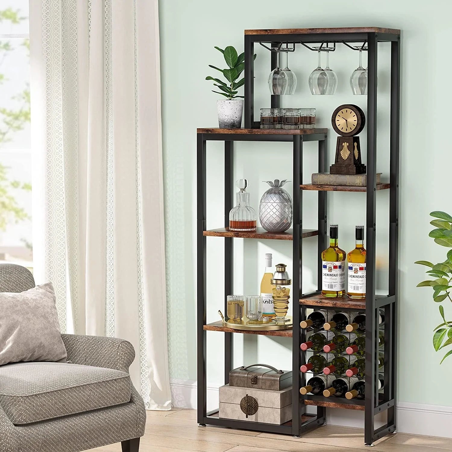 5-Tier Freestanding Floor Wine Baker Rack with Glass Holder & Wine Storage, Industrial Wine Display for Bar, Dining Room - N/A