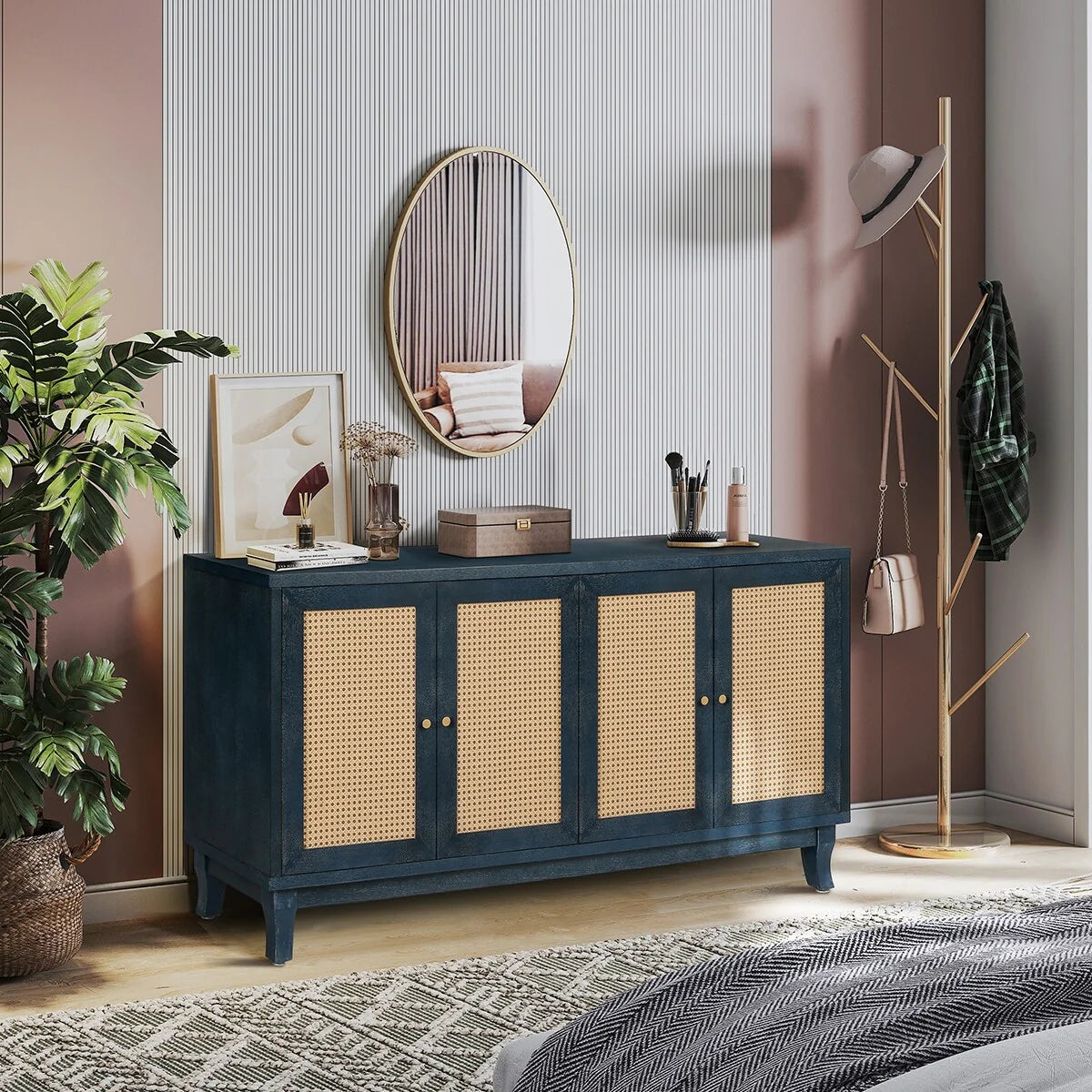 Roomfitters Handcrafted Premium Grain Panels,Rattan Sideboard Buffet Cabinet, Accent Storage Cabinet, Navy Blue - N/A
