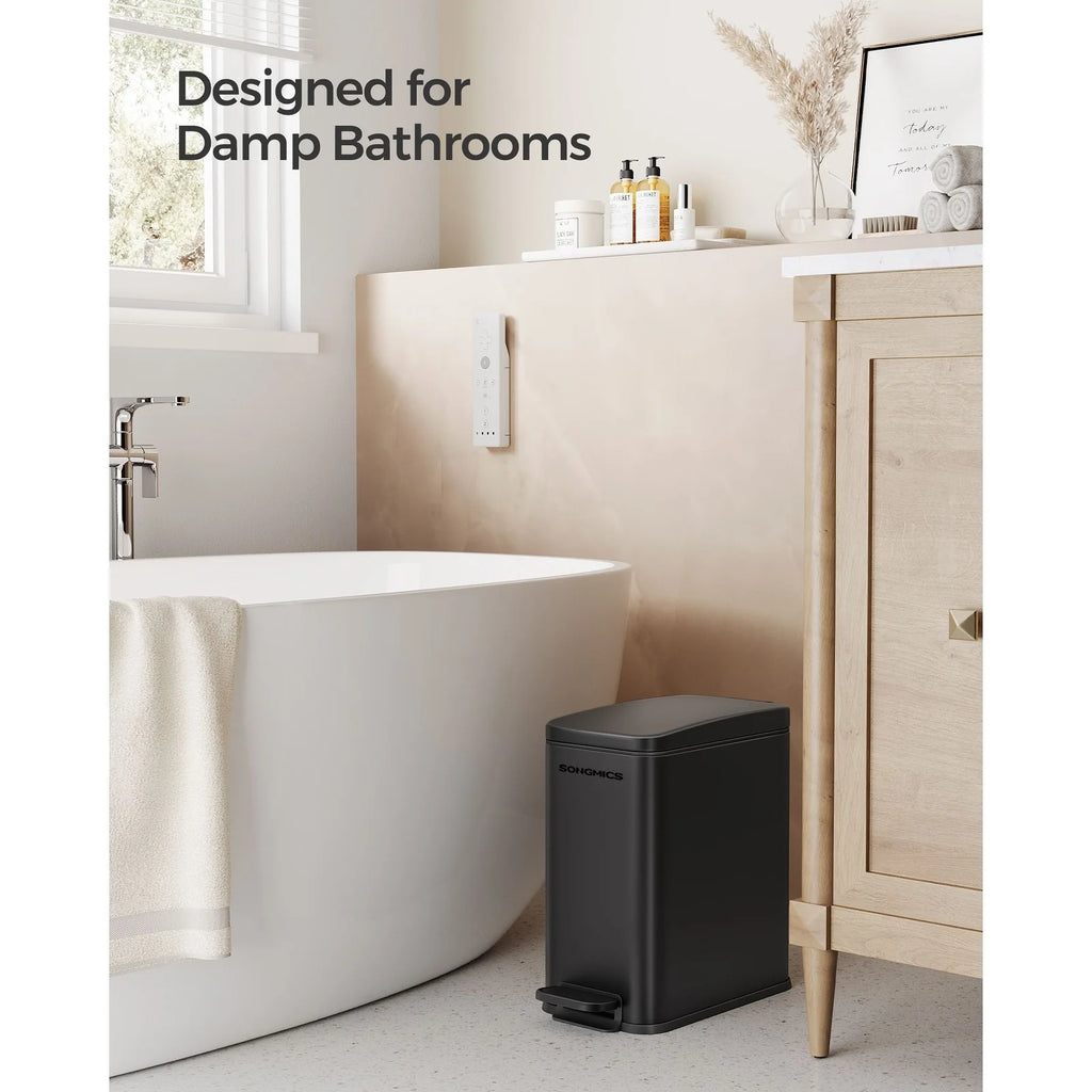Stainless Steel Slim Bathroom Trash Can with Soft-Close Lid and Plastic Removable Inner Bucket