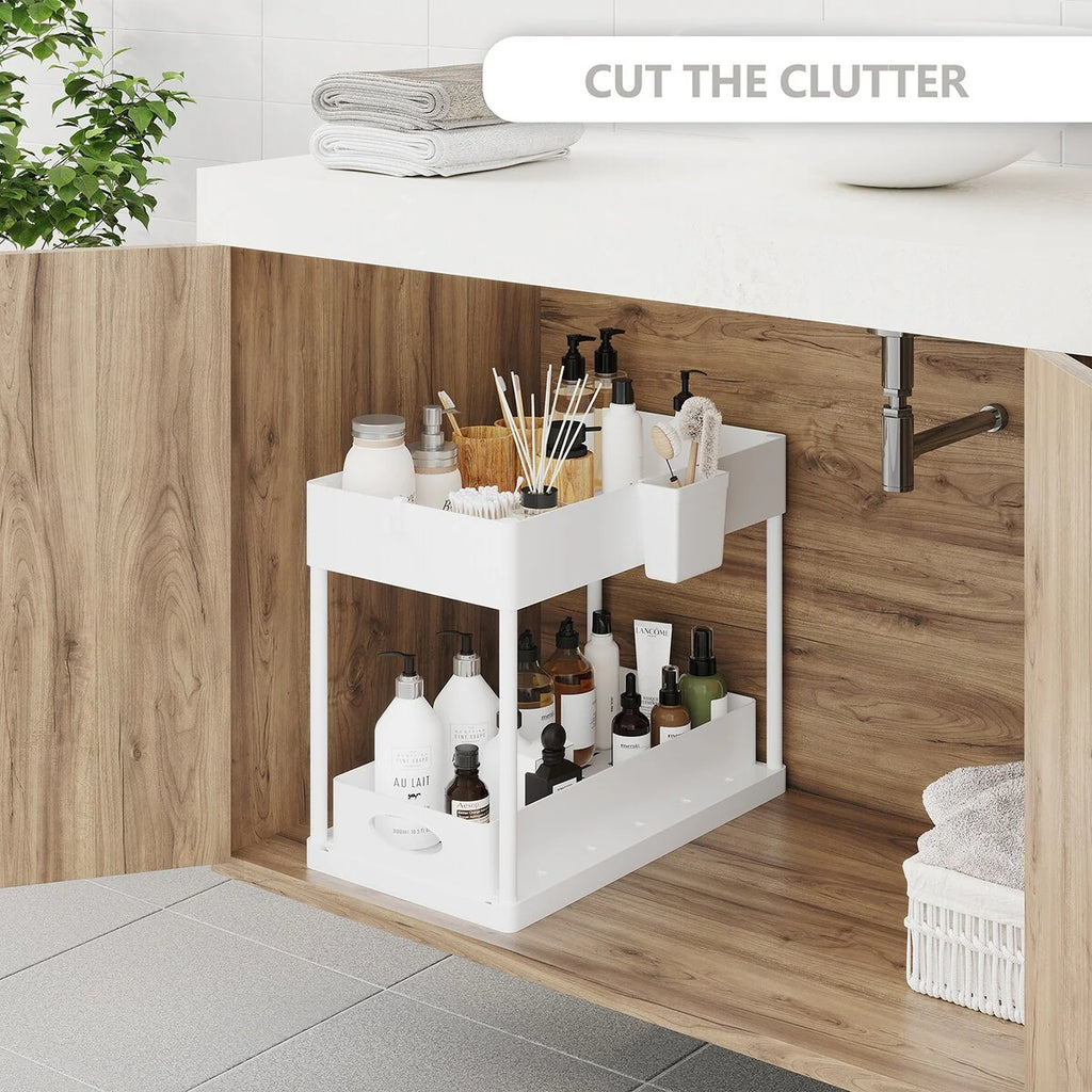 StorageBud 2 Tier Under Kitchen Sink Organizer with Sliding Drawer-Bathroom Cabinet Organizer with Utility Hooks and Side Caddy