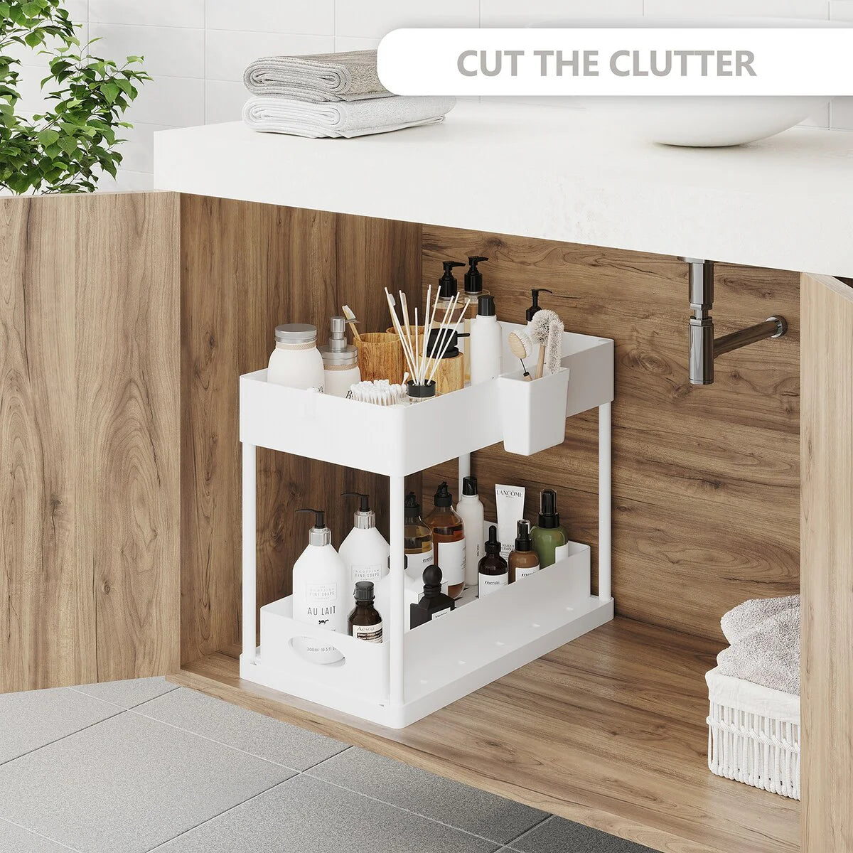 StorageBud 2 Tier Under Kitchen Sink Organizer with Sliding Drawer-Bathroom Cabinet Organizer with Utility Hooks and Side Caddy