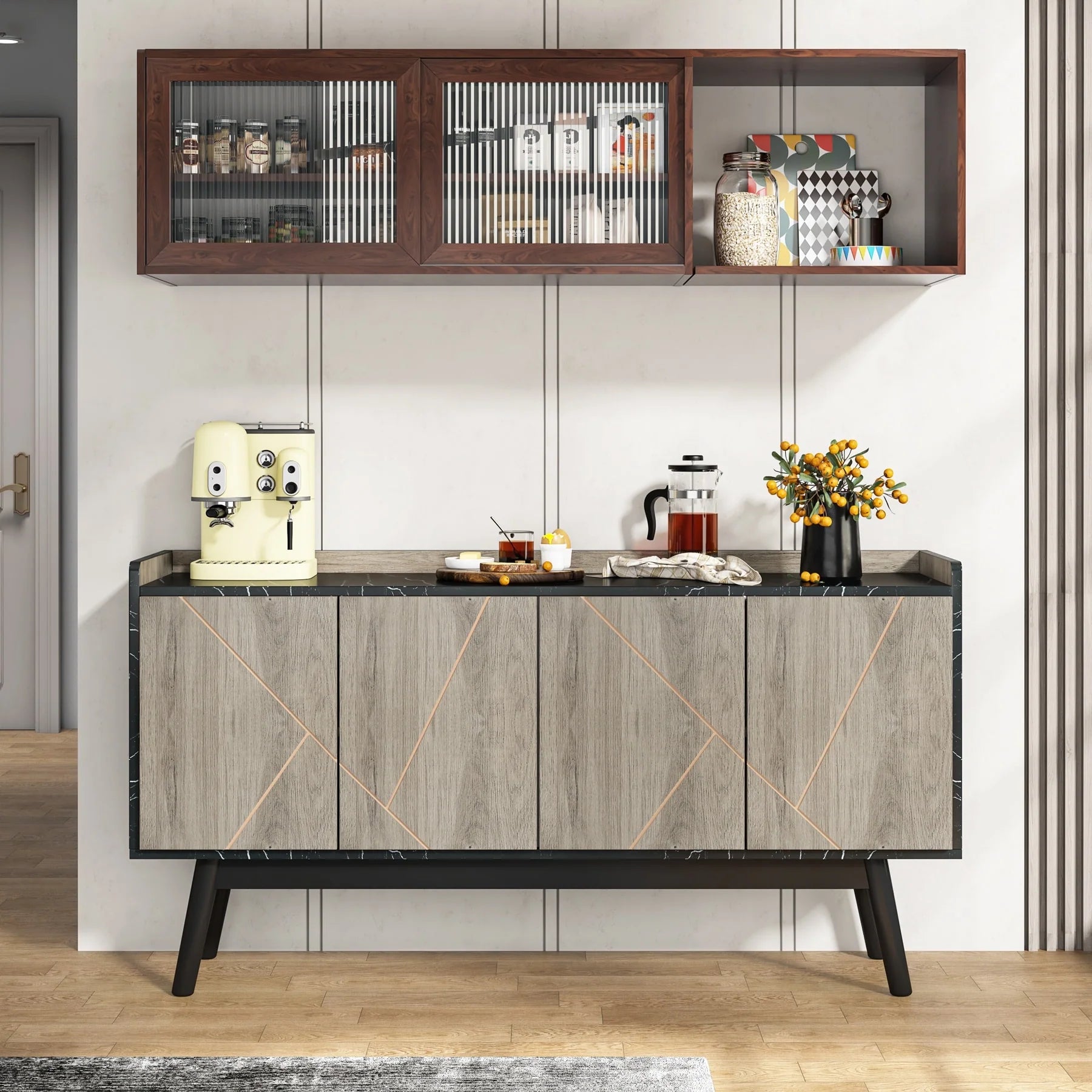 Wooden 4-door Buffet Sideboard with Storage for Kitchen Dining Room - N/A