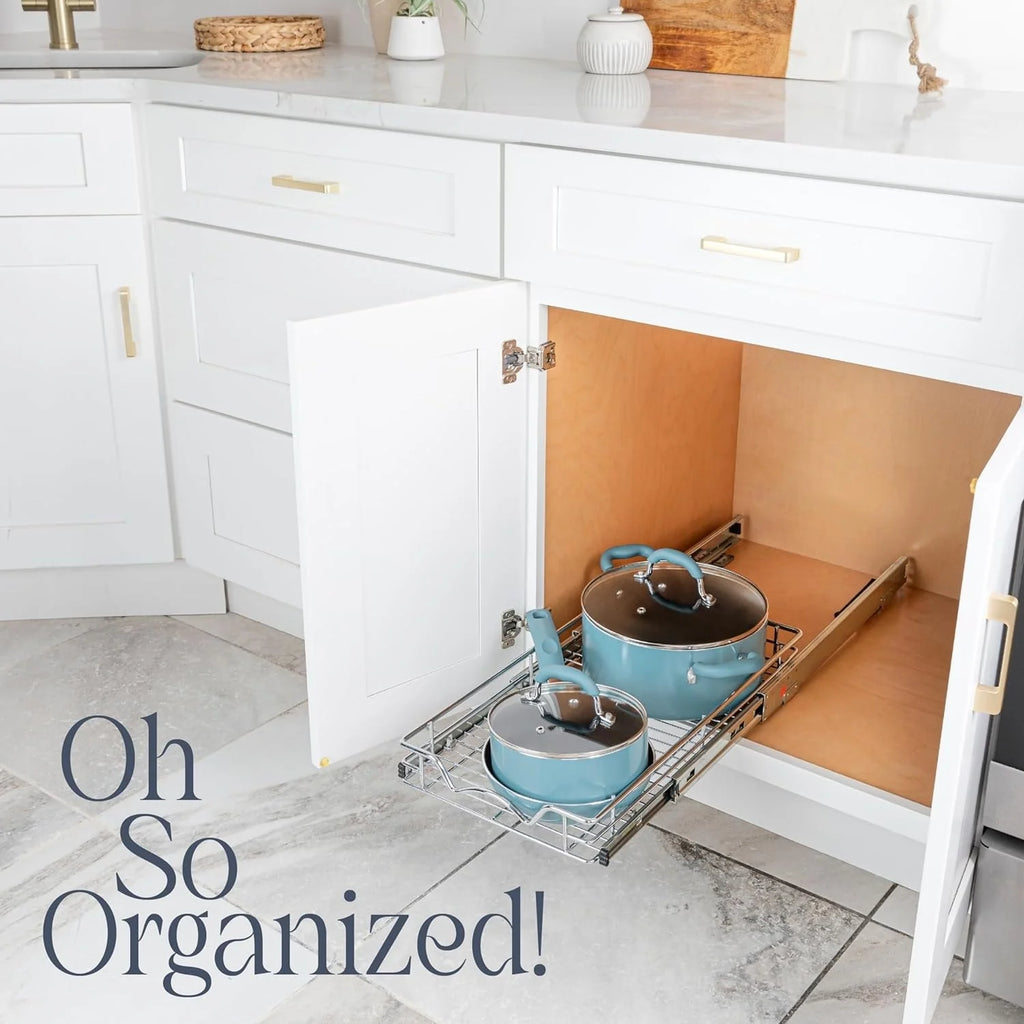 Pull Out Cabinet Drawer Organizer, Heavy Duty- Steel Metal- Chrome Finish