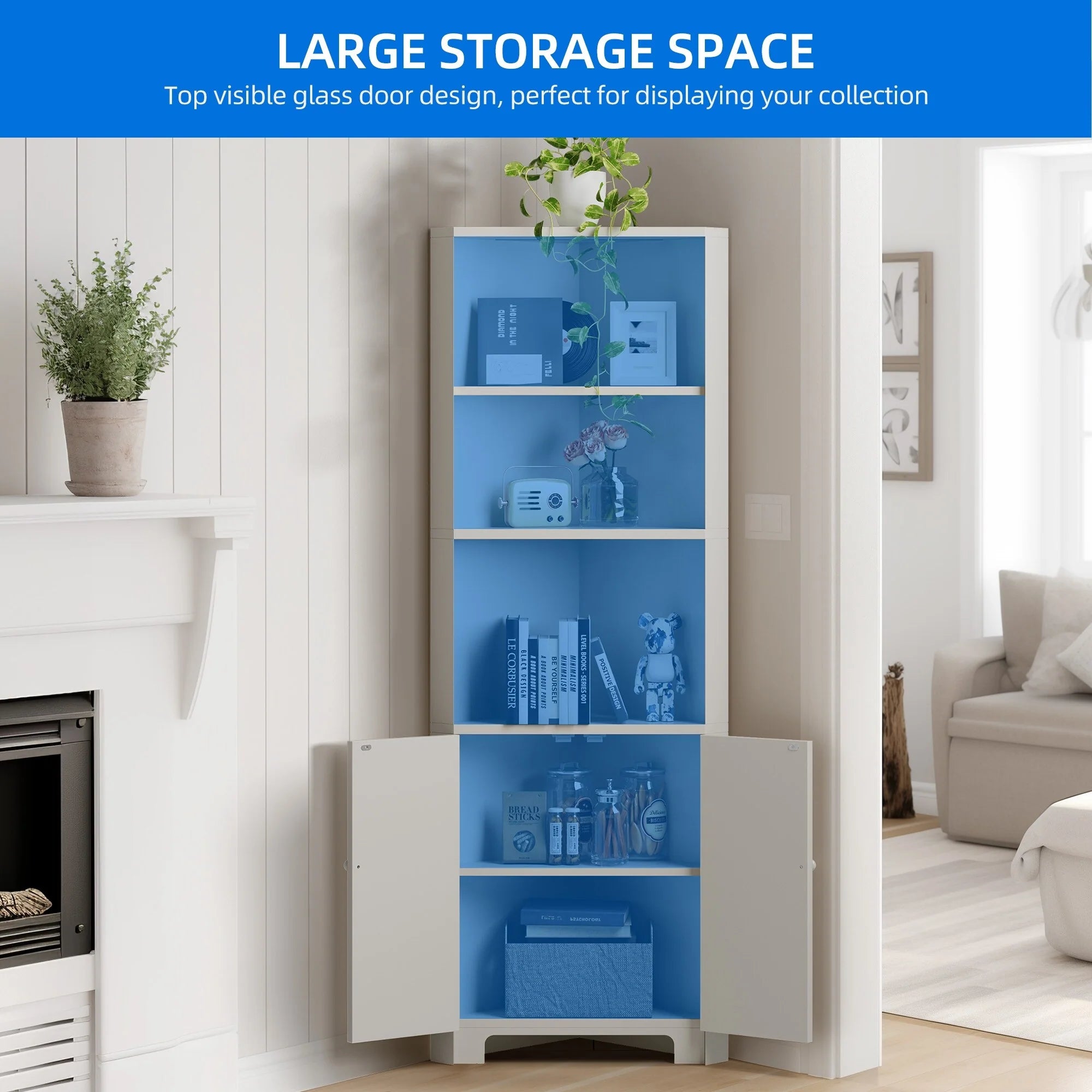 67" Tall Storage Corner Cabinet with LED Lights & 2 Carved Doors