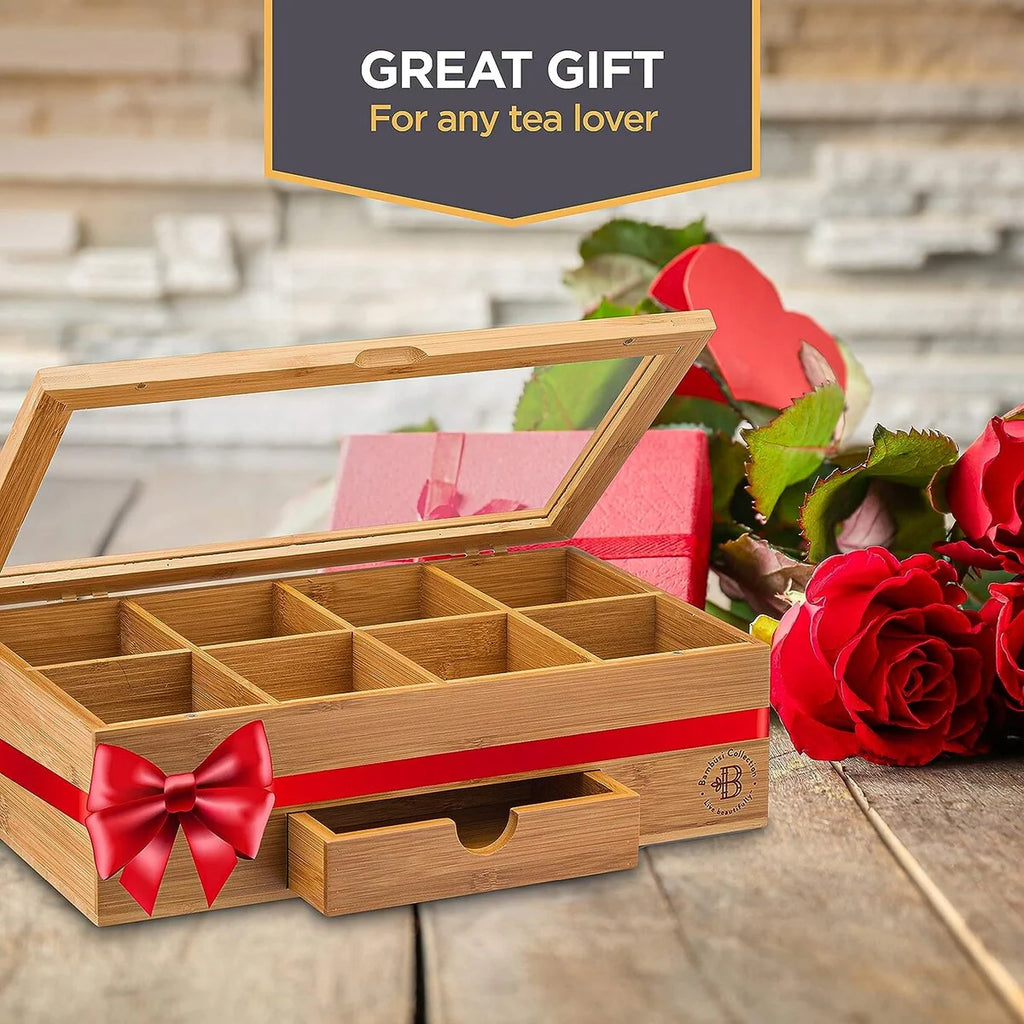 Tea Bag Organizer - Tea Organizer: Wooden Tea Box with 8 Compartments, Acrylic Window, and Magnetic Lid, Made of Bamboo