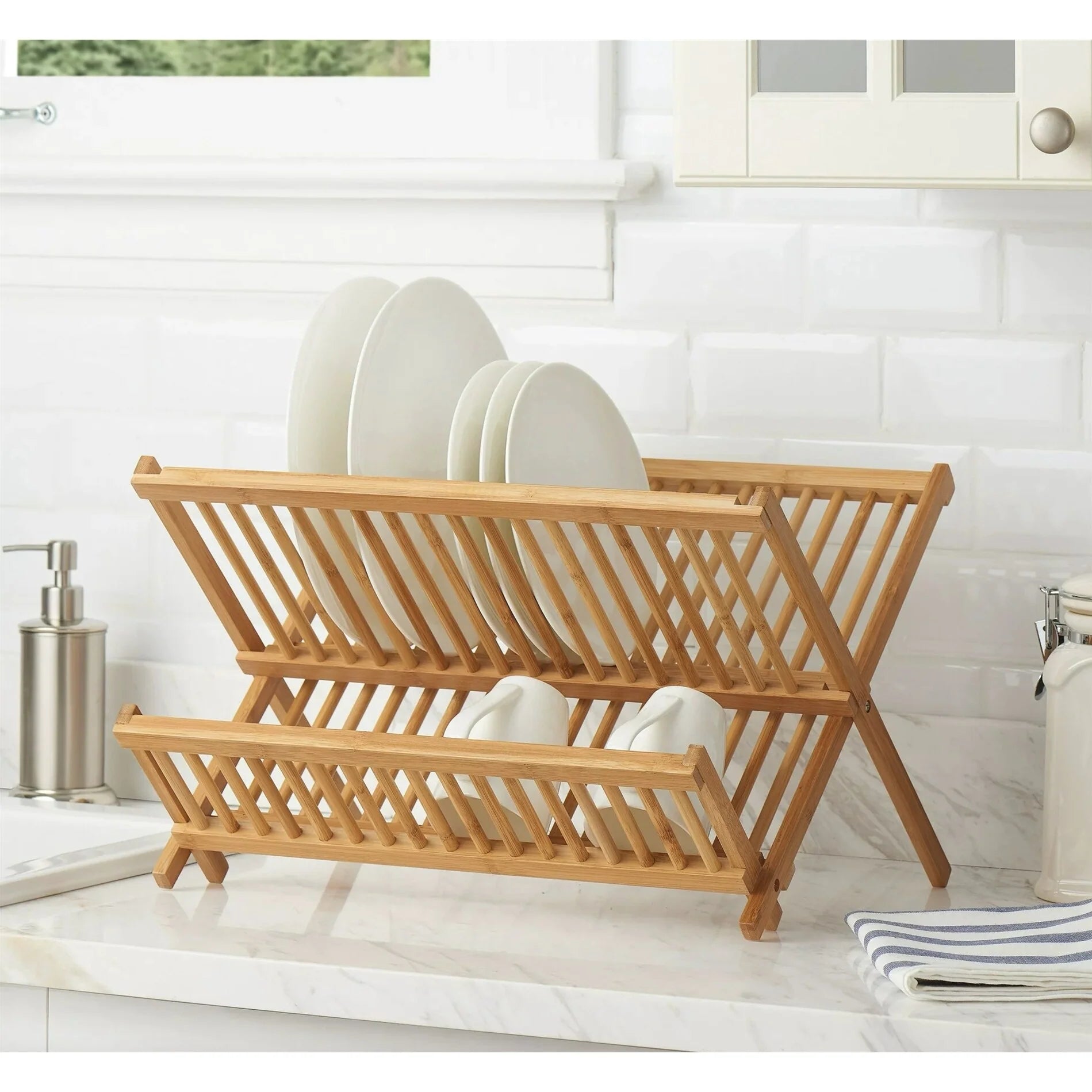 Bamboo Dish Drying Rack - 2-Tier Collapsible & Foldable Countertop Organizer, Natural Eco-Friendly Wood, Space-Saving Design