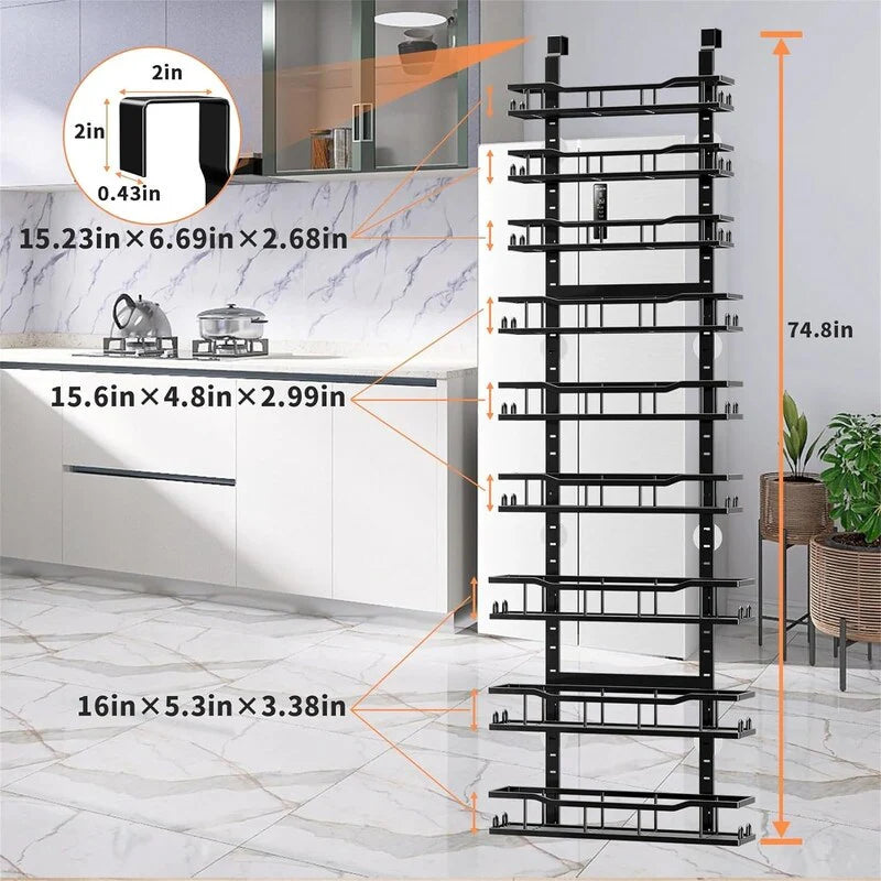 9Tier Over The Door Pantry Organizer Rack Metal Pantry Organization - 6"D x 16"W x 74.8"H