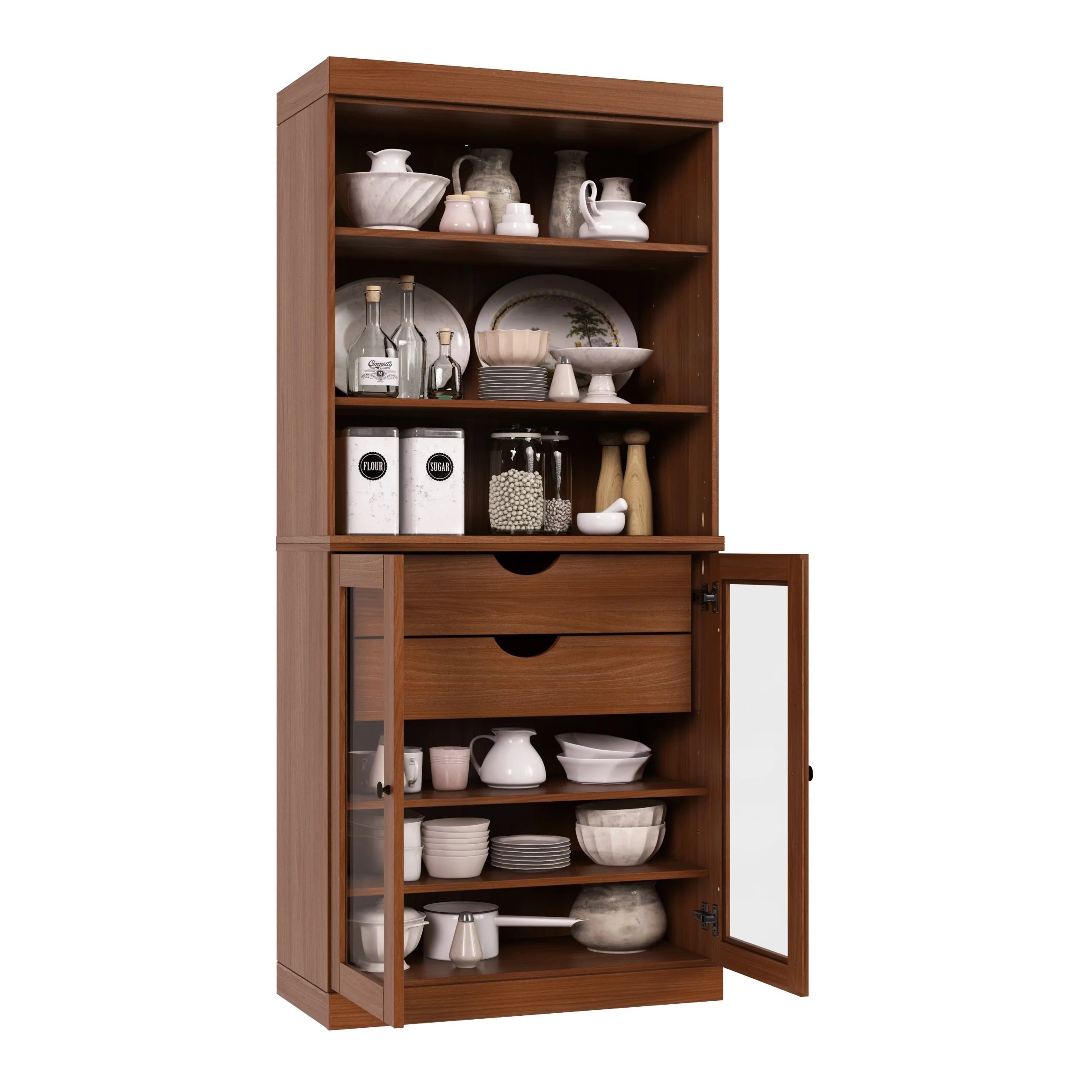 100% Solid Wood Kitchen Pantry Cabinet with 2 Clear Glass or Solid Wood Doors and 2-Drawer Organizer by Palace Imports