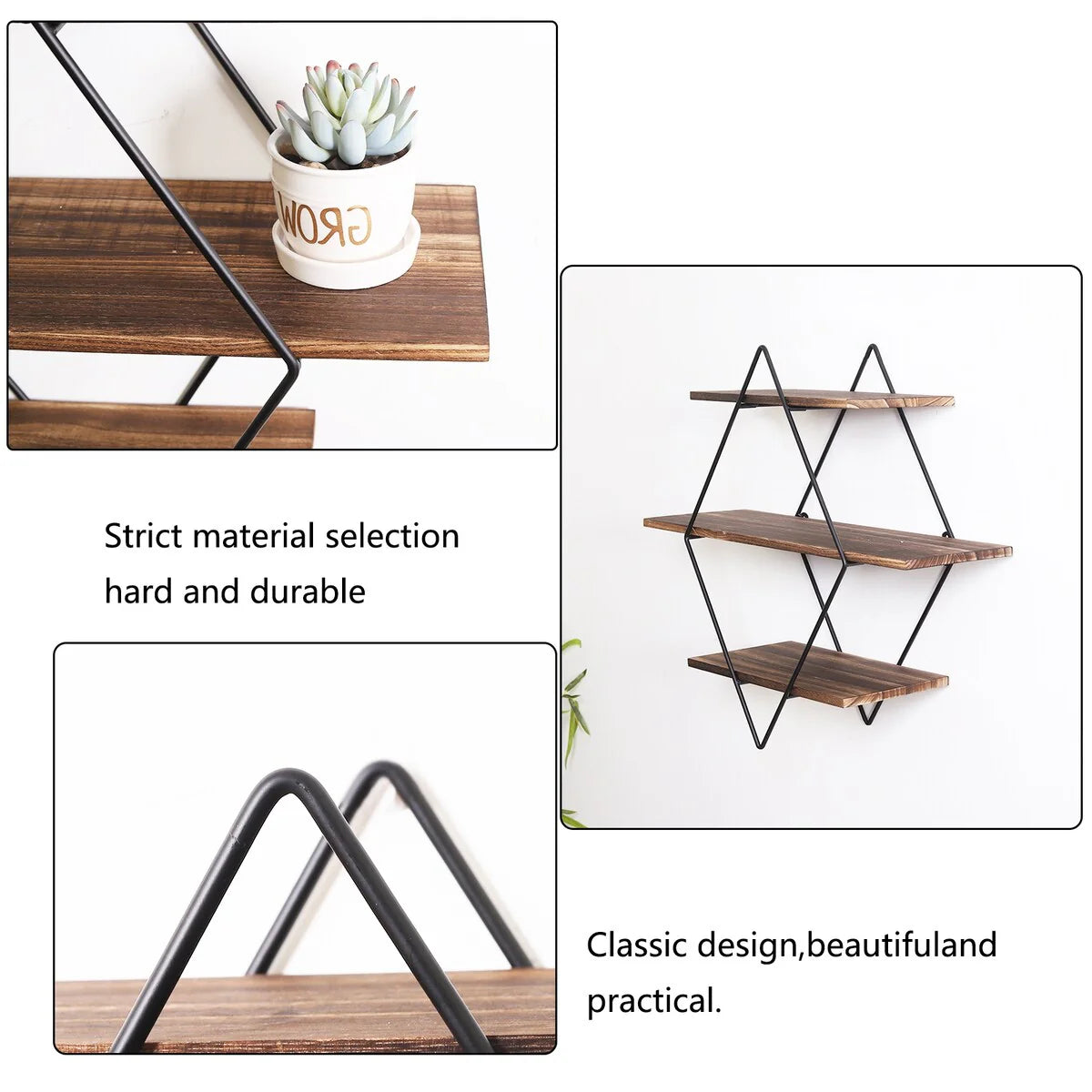 3Tier Metal Wall Shelves in Geometric Diamond for Home Display Storage