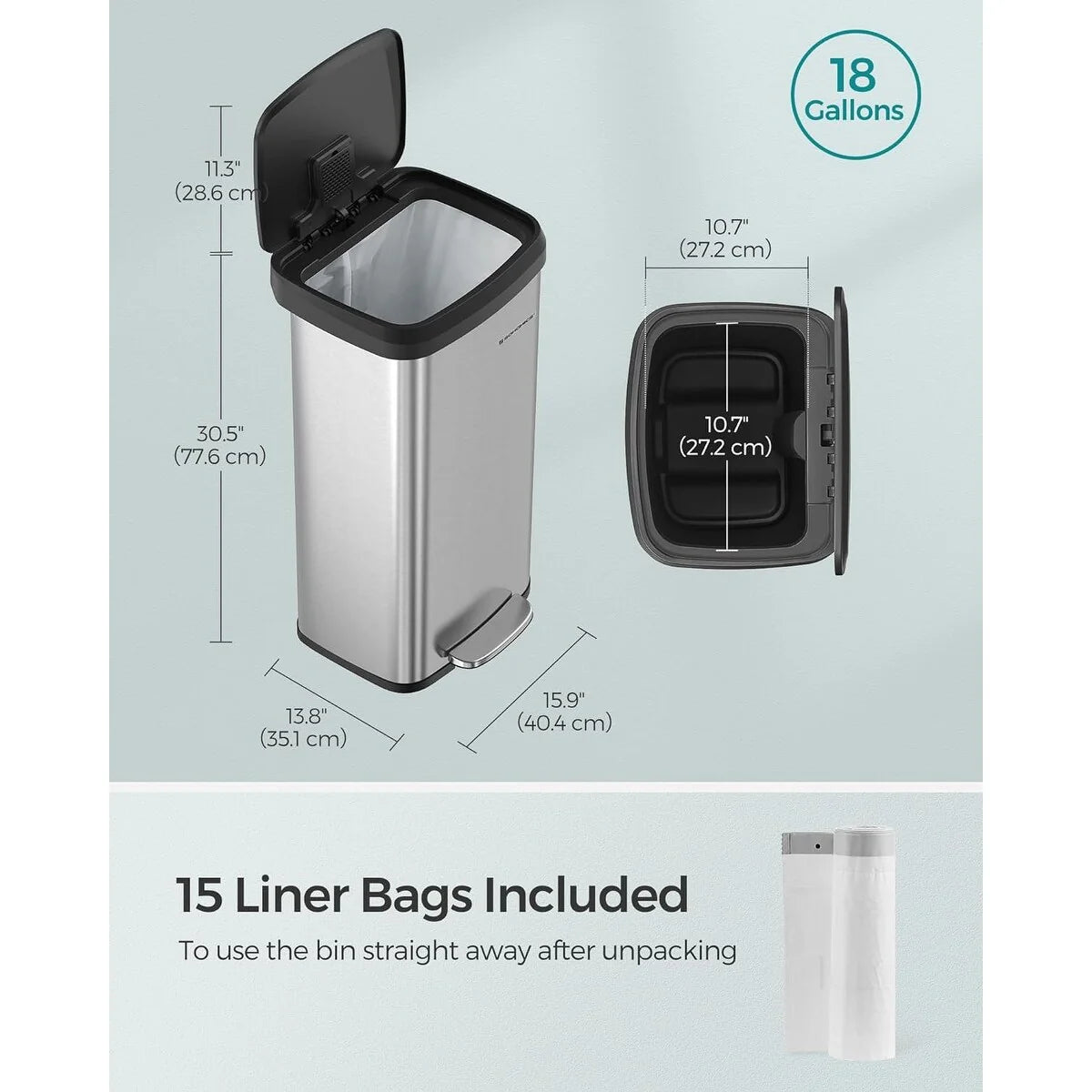 SONGMICS Kitchen Trash Can, 18 Gallon Stainless Steel Garbage Can