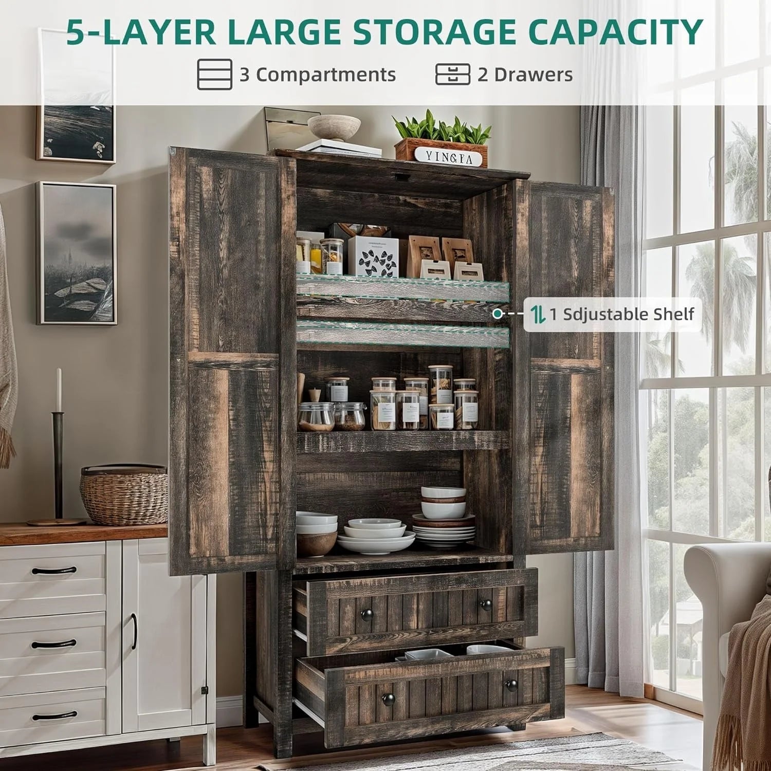 Moasis 64" Farmhouse Tall Kitchen Pantry Storage Cabinet with 2 Drawers & Doors