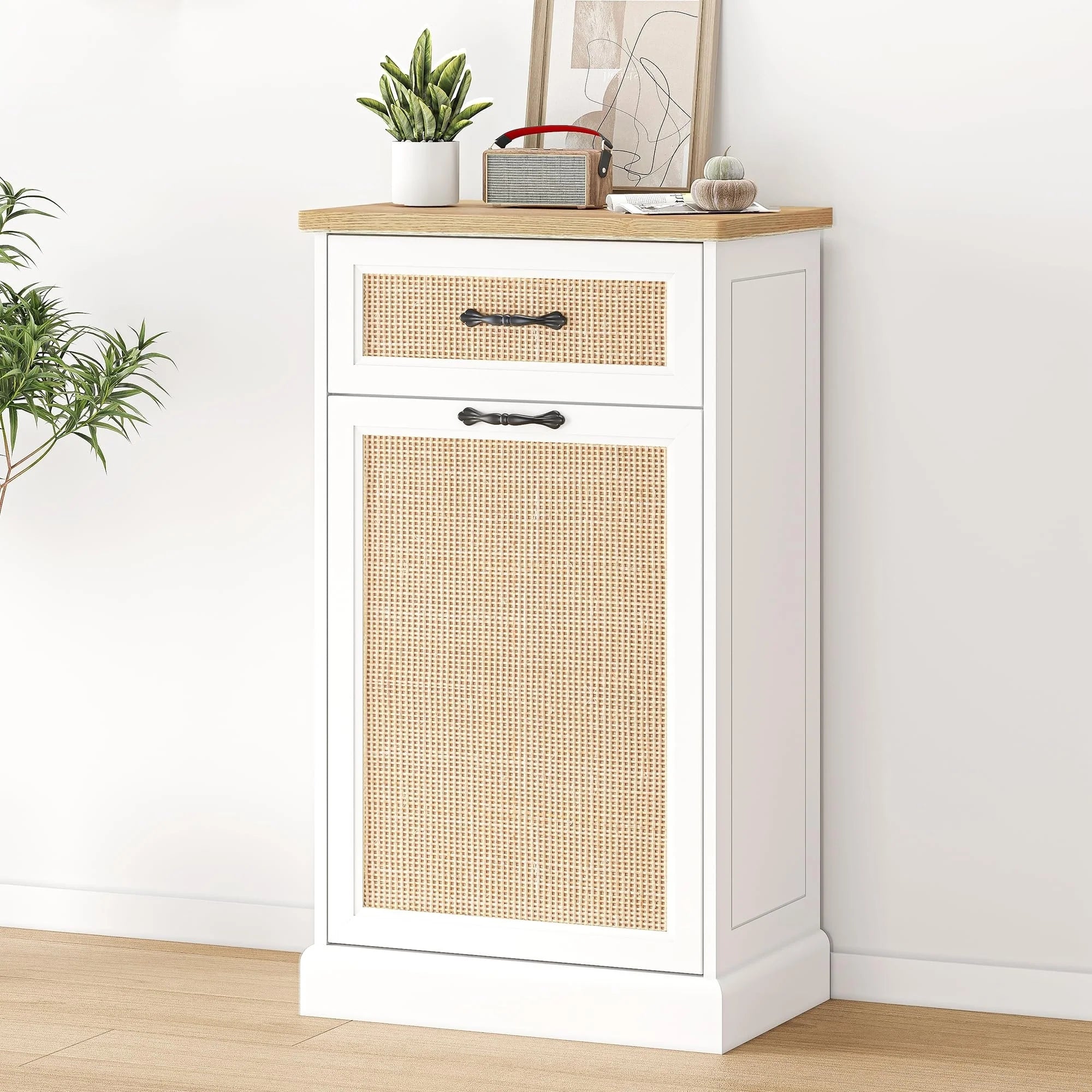 Rattarn Kitchen Tilt Out Trash Can Cabinet with Drawer
