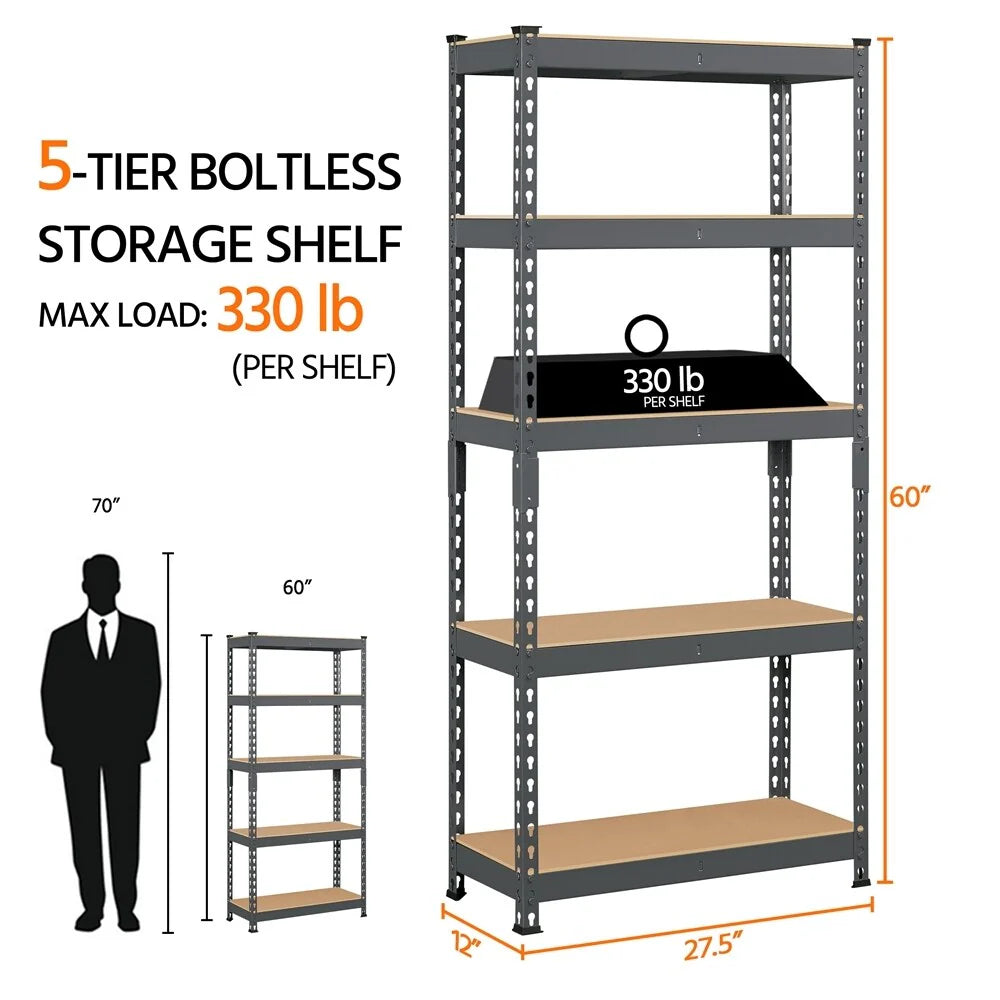Yaheetech 5 Tiers Boltless Storage Shelf 330lb Capacity for Each Tier,Metal Frame MDF Wood Boards