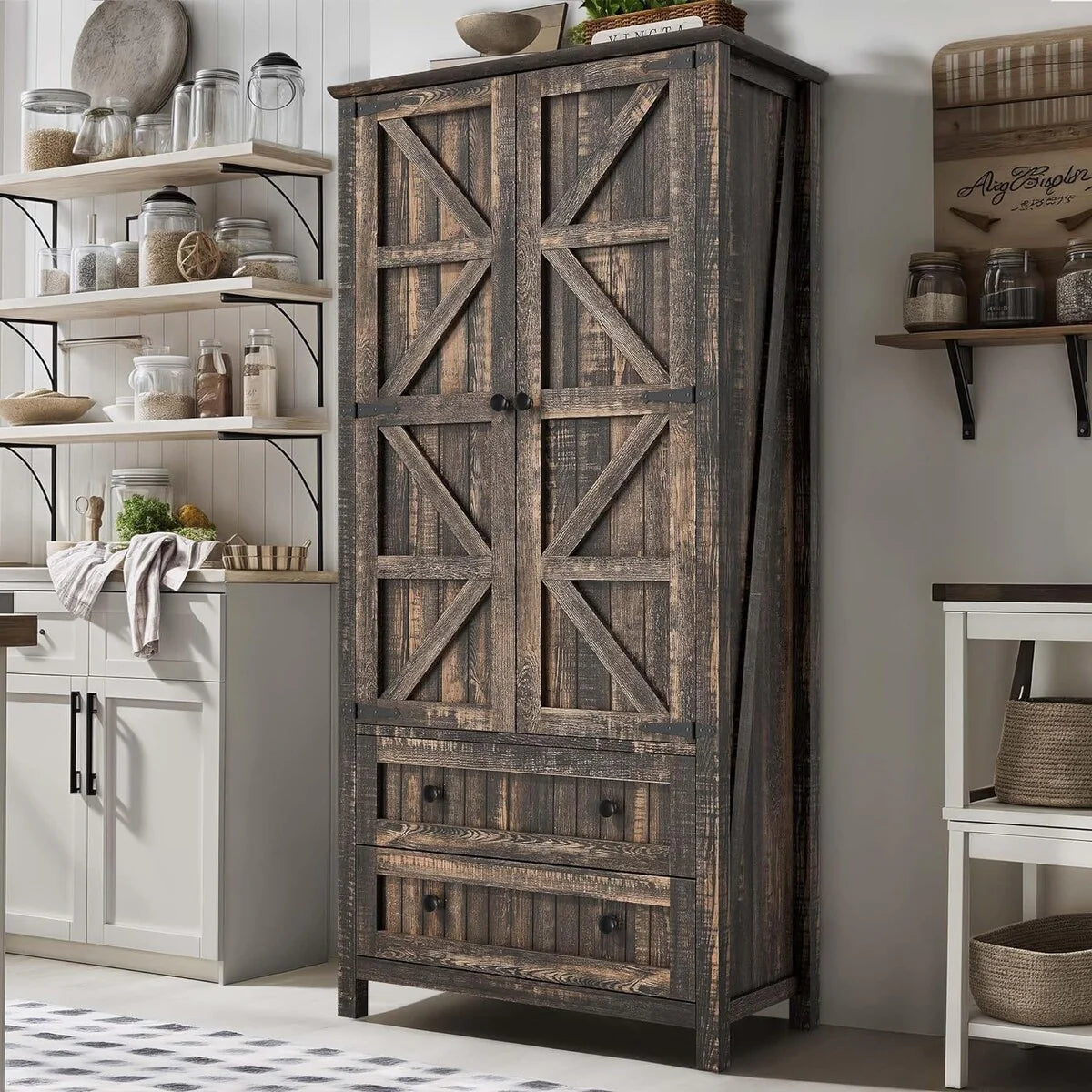64" Farmhouse Tall Kitchen Pantry Storage Cabinet with 2 Drawers & Doors